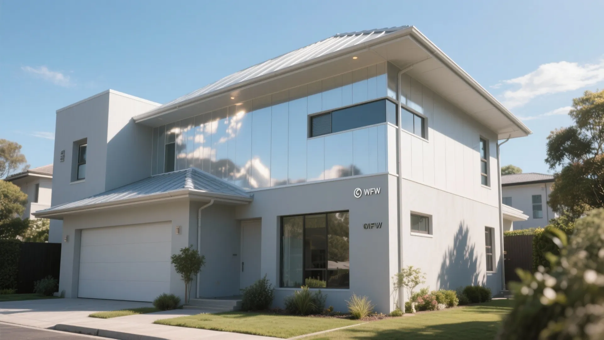 Modern two story white house with reflective glass windows garage and green lawn under sun