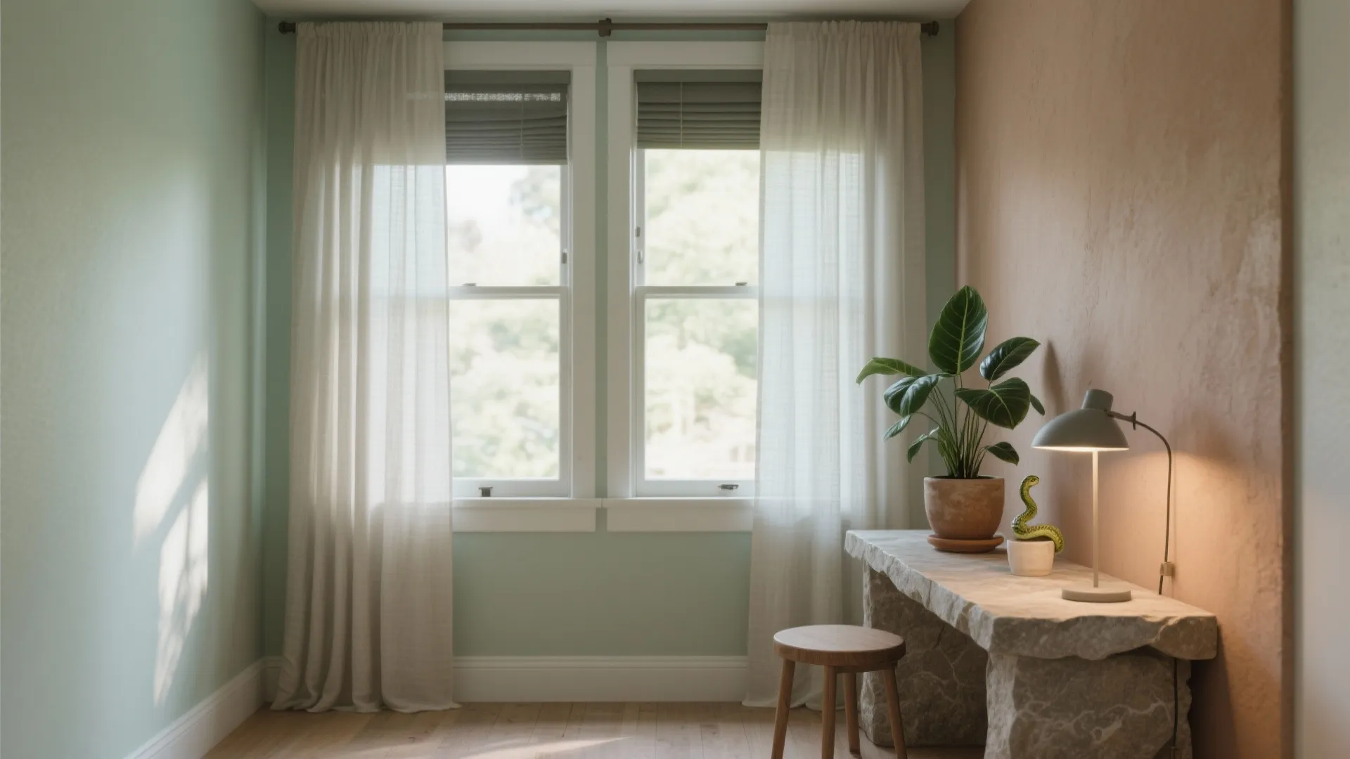 Room with stone desk table lamp potted plant wooden stool white curtains and green walls