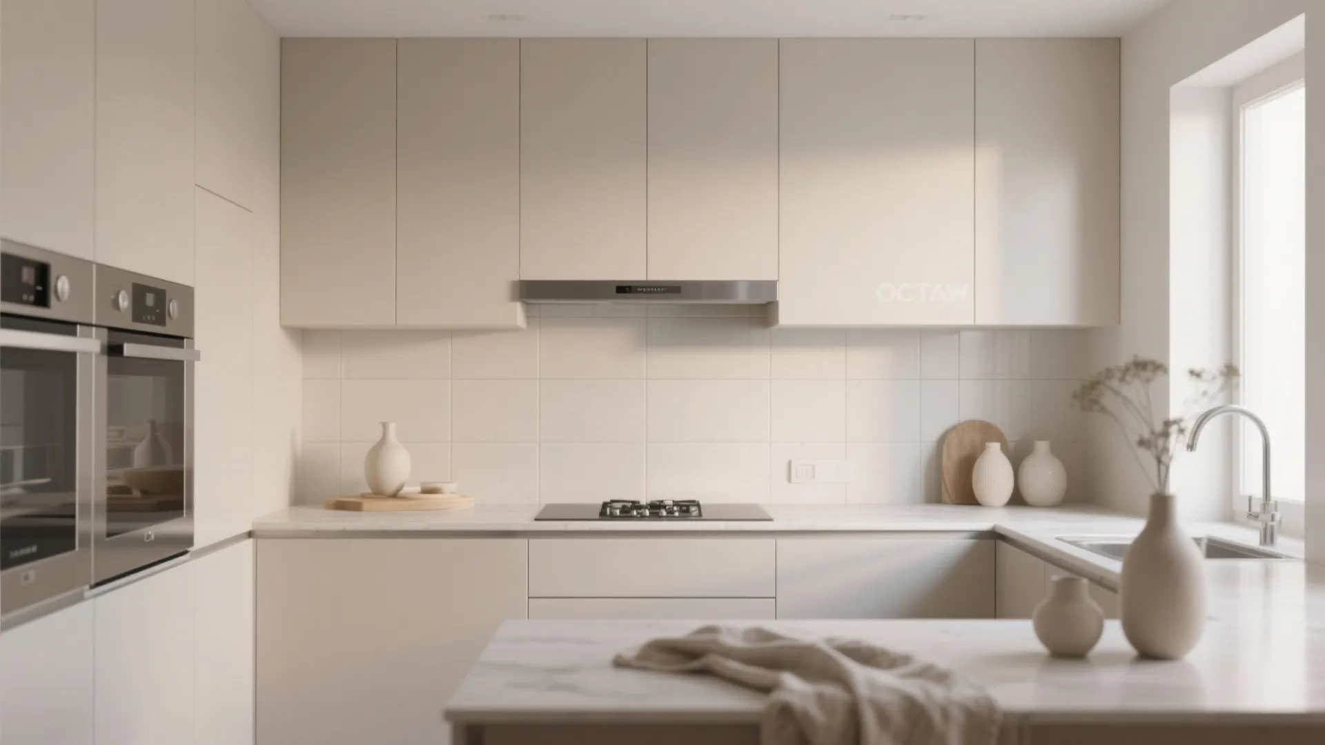 Modern kitchen with beige cabinets white tiled wall built in oven and marble topped island