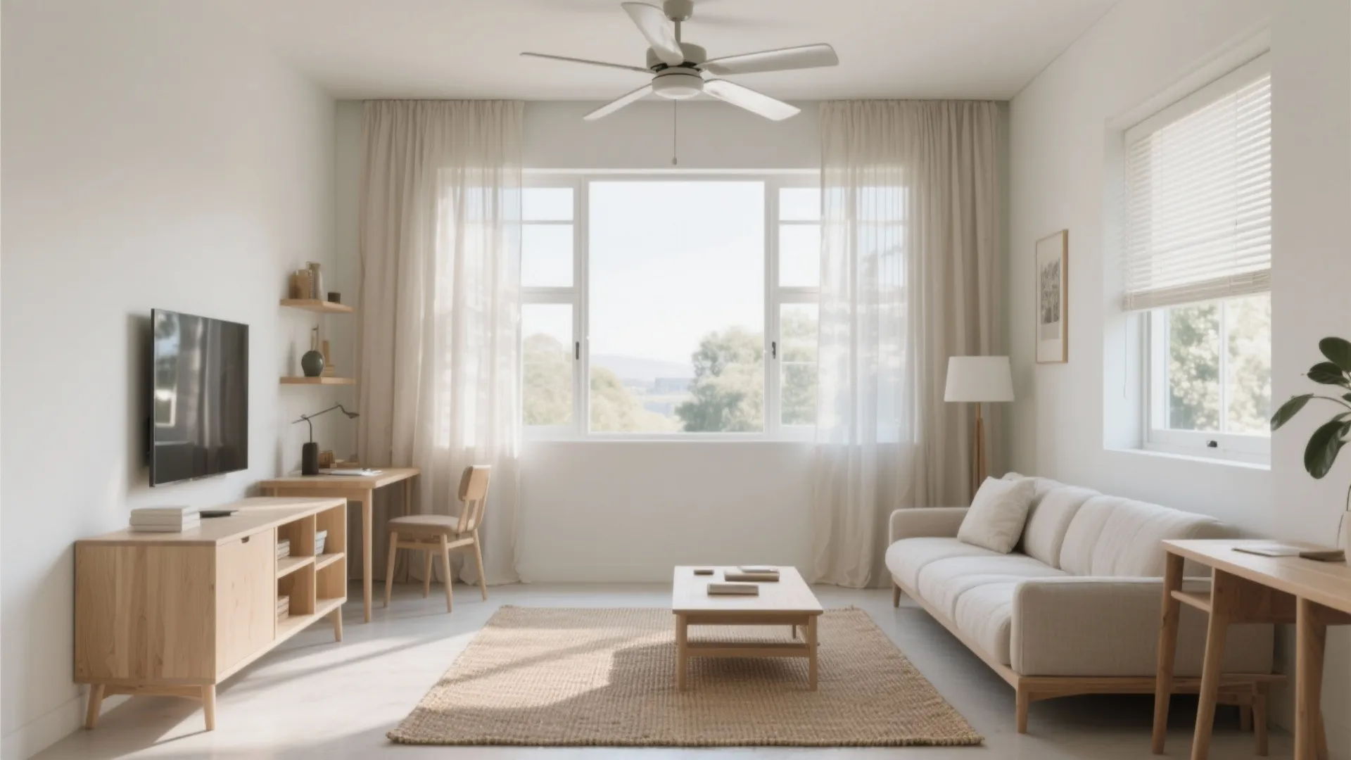 Minimalist living room with white sofa and wooden desk near large window with natural light