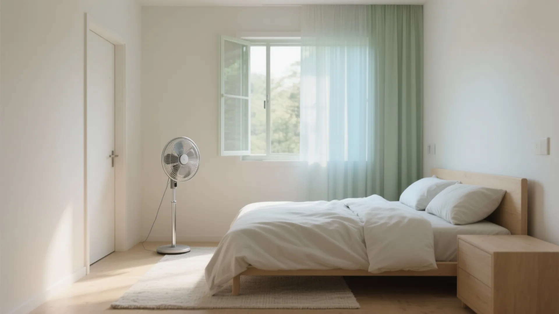 Minimalist bedroom with an open window green curtains a floor fan and light wood furniture