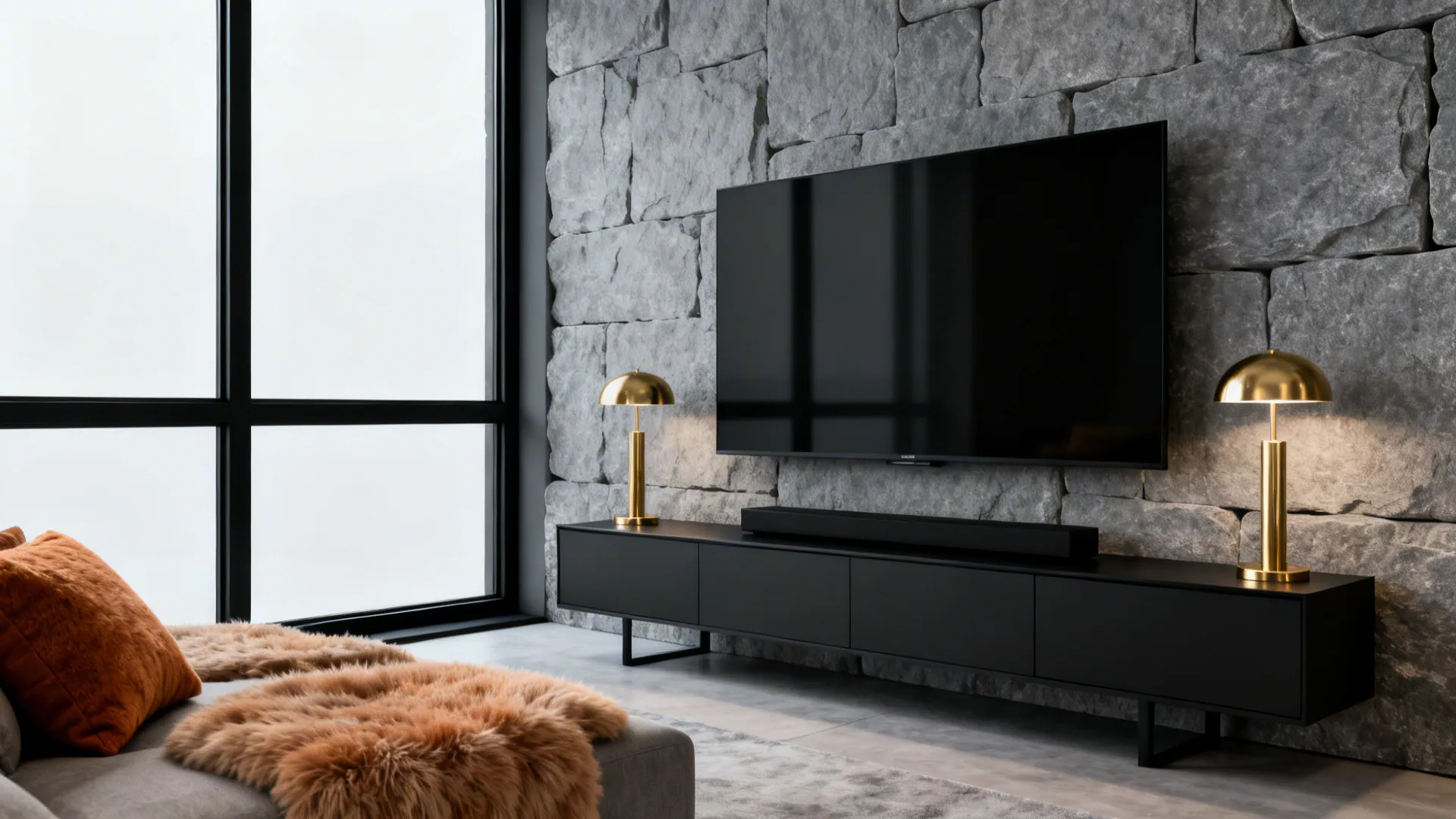 Modern living room with black cabinet, large television, stone wall, gold table lamps and fur