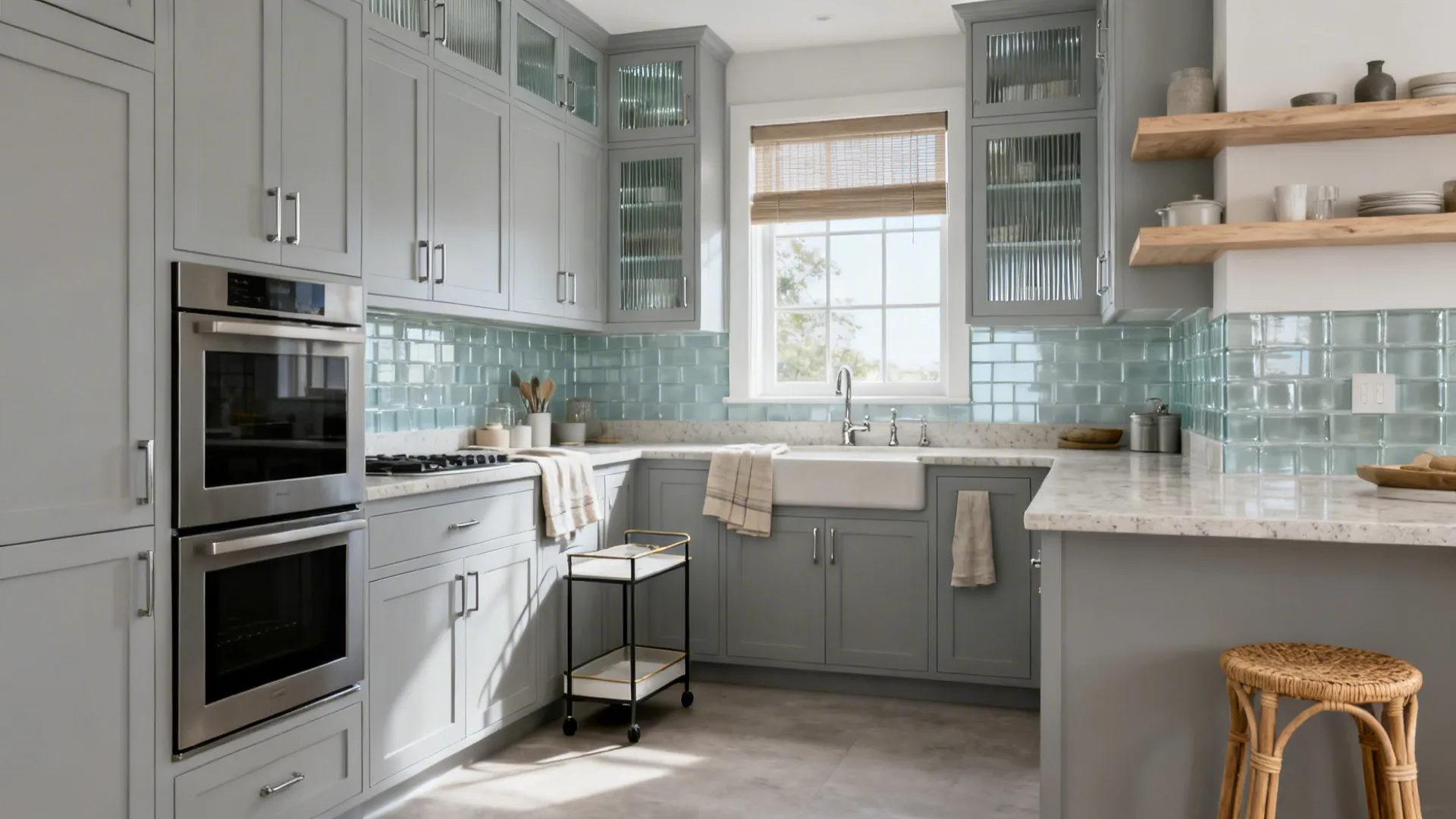 Bright kitchen with grey cabinets marble countertop light blue tiles double oven white sink and window