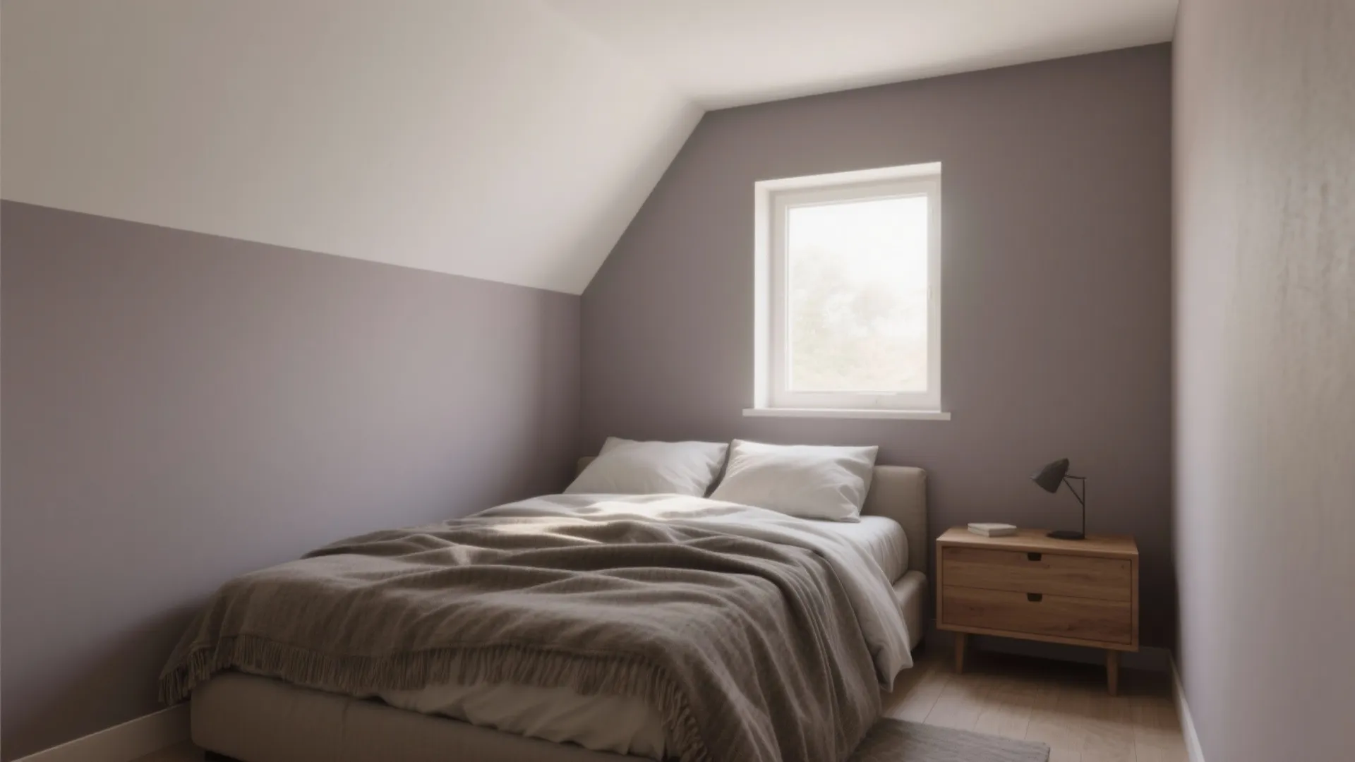 Minimalist attic bedroom with purple walls white bedding wooden side table small lamp and window