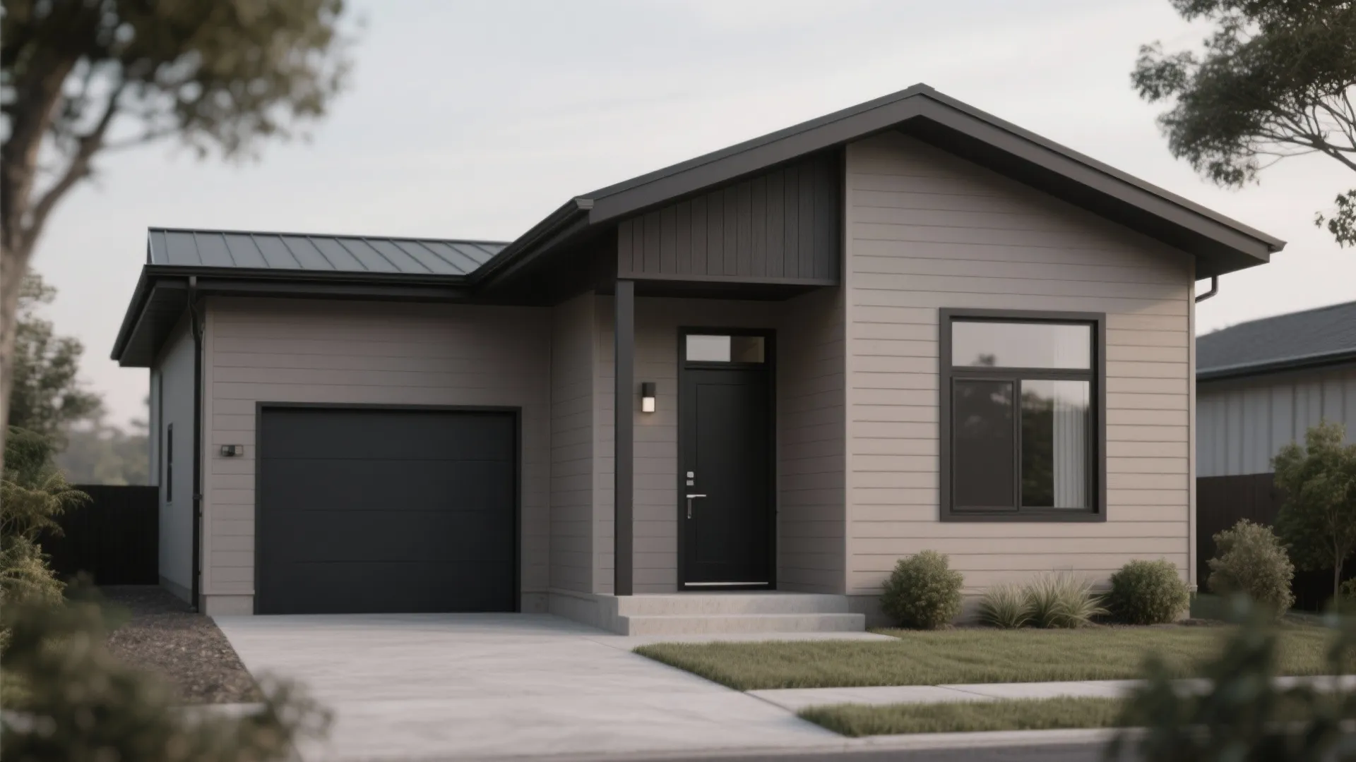 Modern taupe house with black garage door and front entry under a dark metal roof