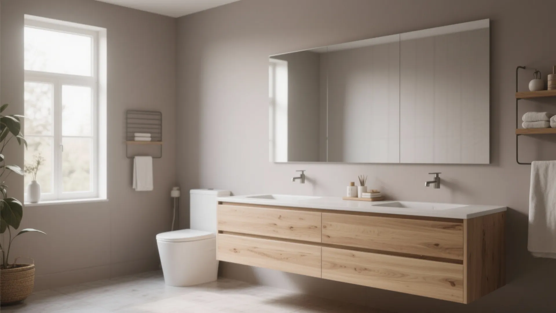 Modern bathroom with double wood cabinet floating vanity large mirror white toilet and natural window light