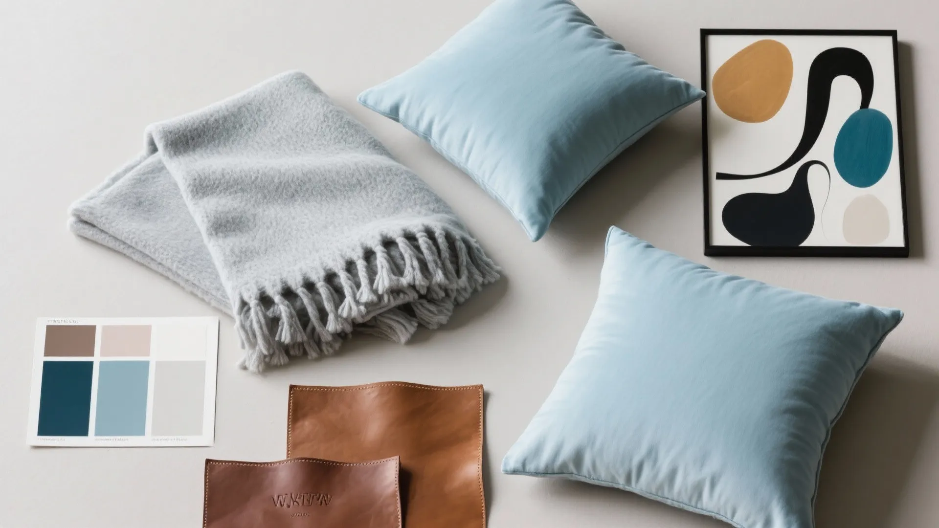Flat lay of cool-toned cushions and decor for brown sofa
