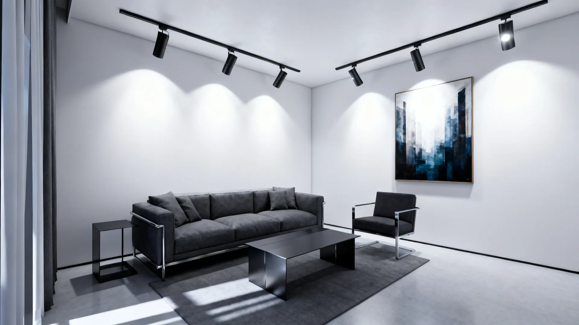 Modern small living room lit with cool white light, emphasizing crisp whites and metallic accents.