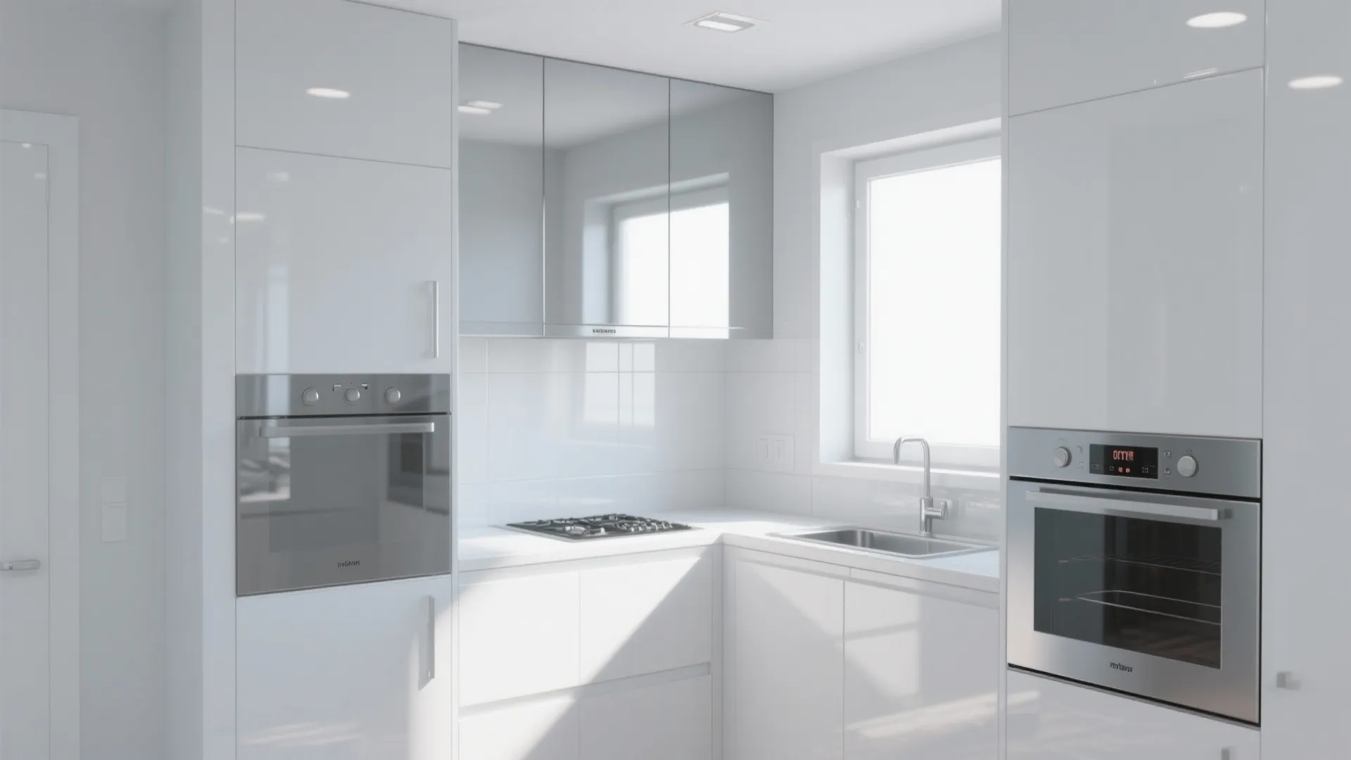 2. Cool White Walls with High-Gloss Cabinetry