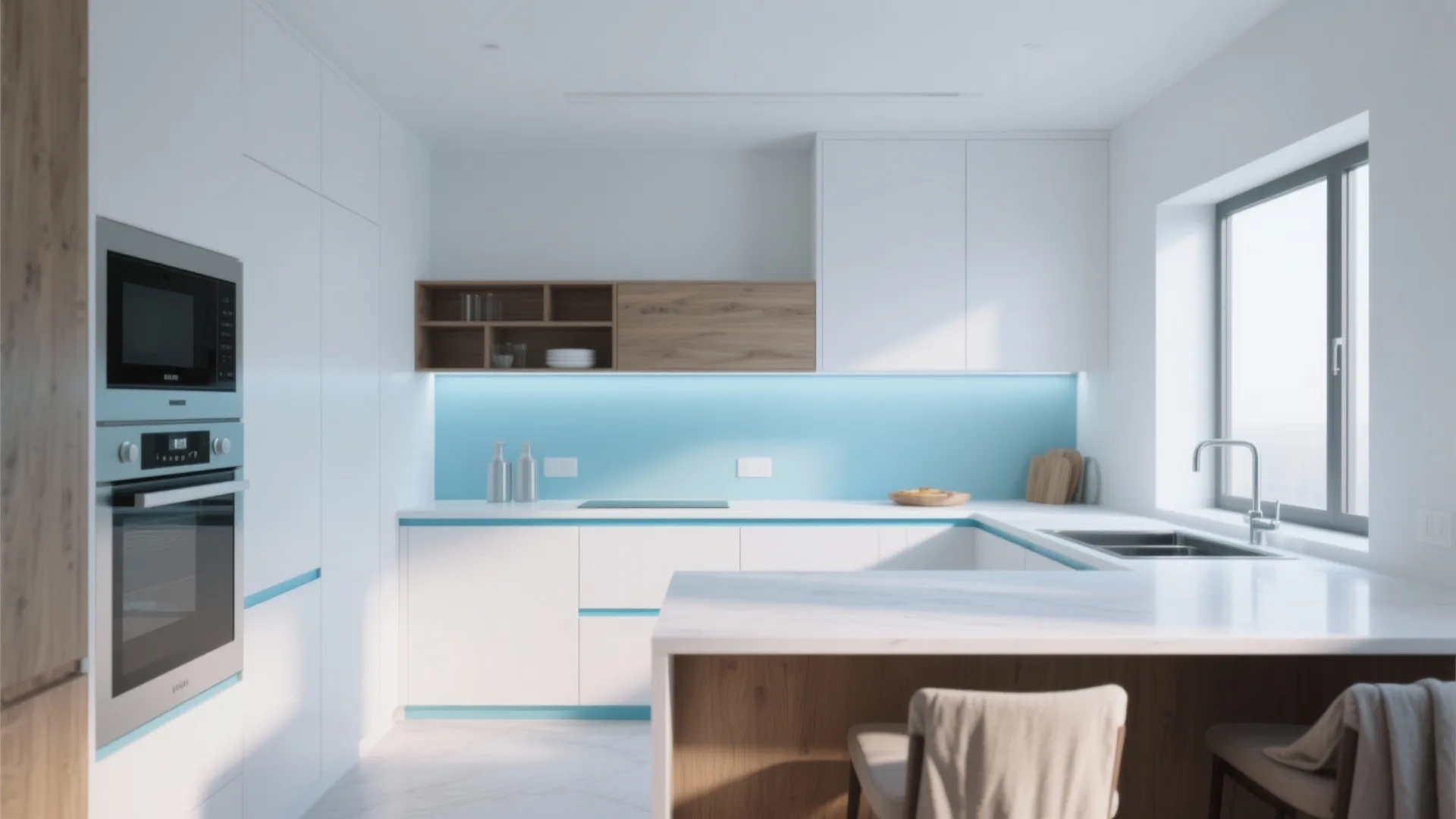 Modern kitchen showing cool bluish white walls and trims balanced with wood accents.