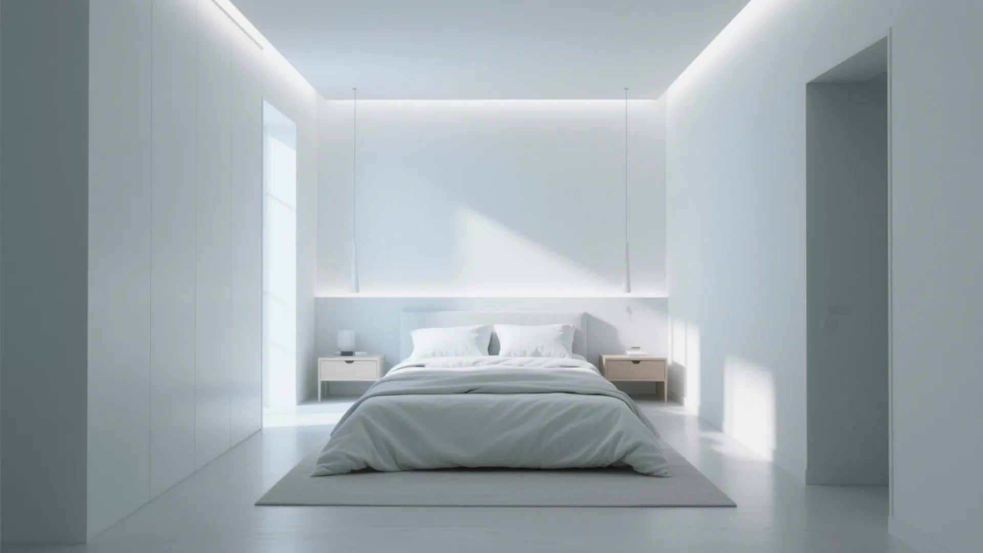 Modern white minimalist bedroom with double bed two side tables hanging lights and bright hidden