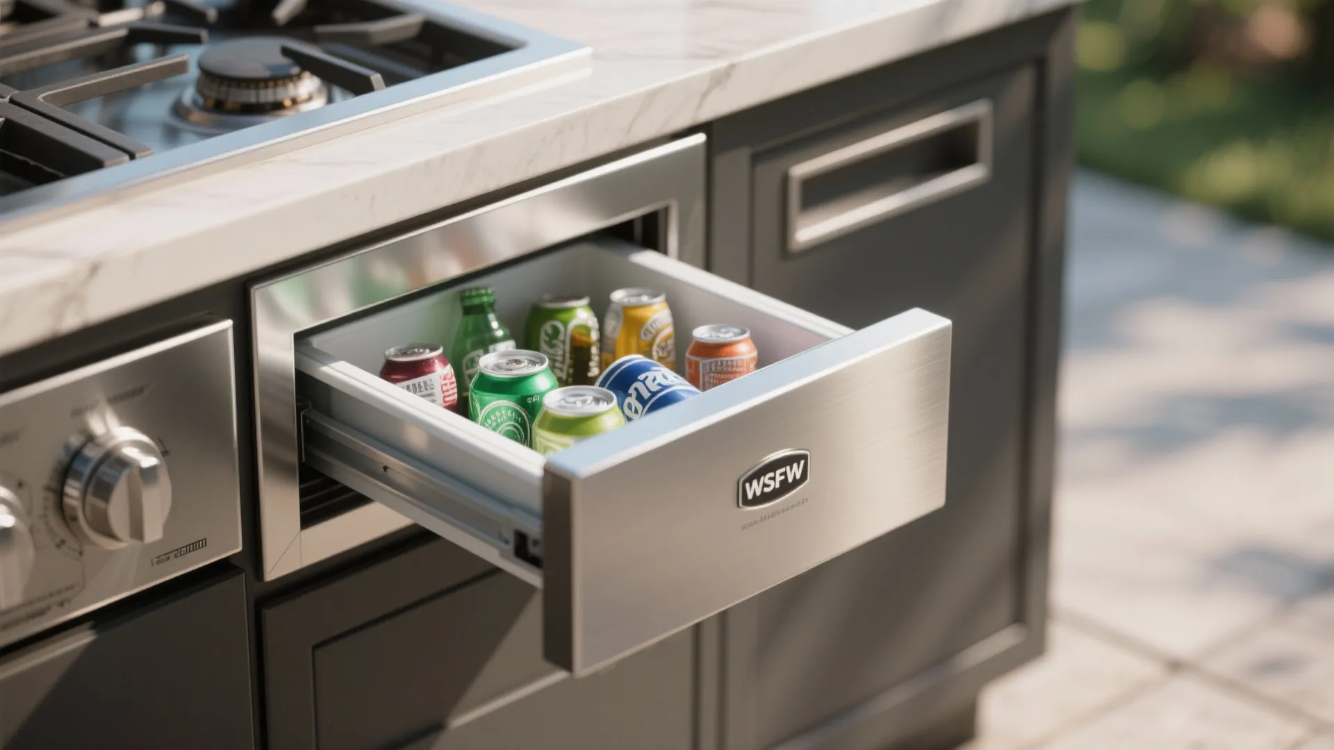 Built-in cooler drawer with drinks under outdoor counter