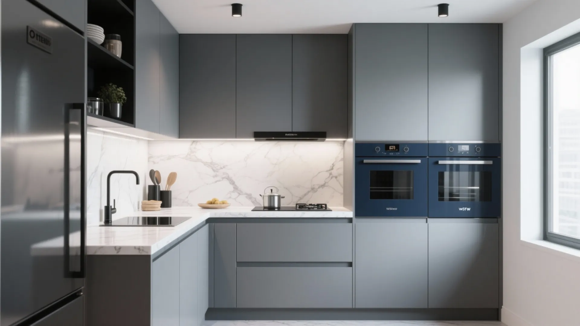 Cool gray cabinets with black fixtures and white marble countertop in a contemporary kitchen