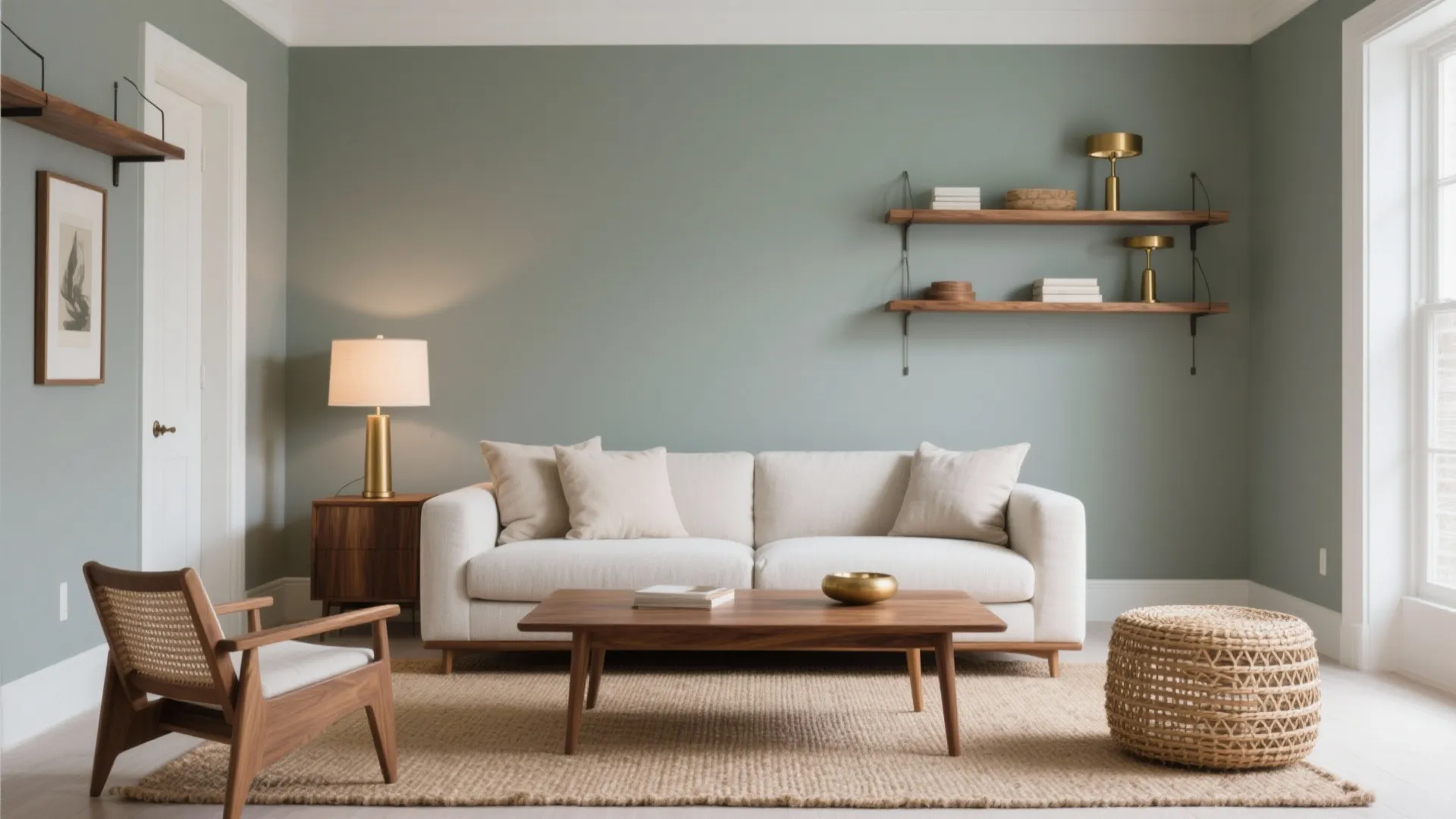 Modern living room with sage green walls white sofa wooden coffee table and gold table lamp