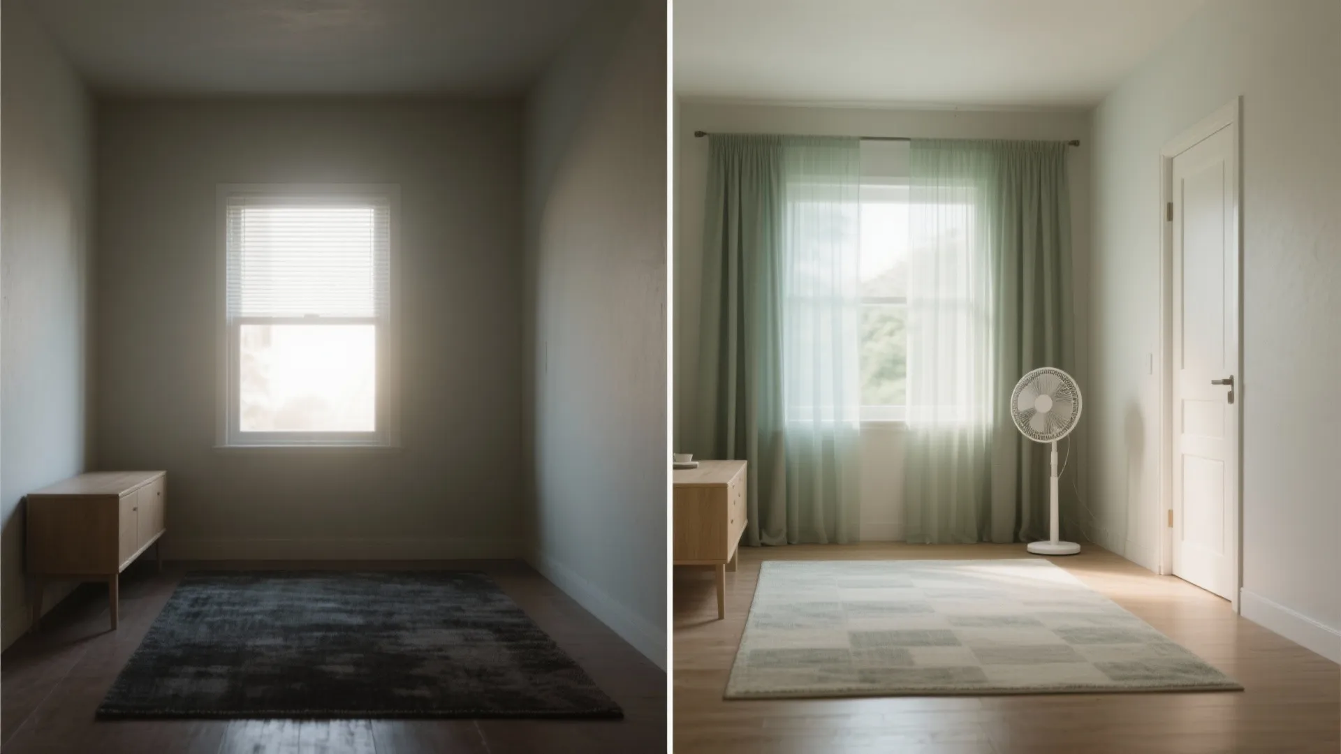 Before and after interior design comparison of a dark empty room versus a brightened space