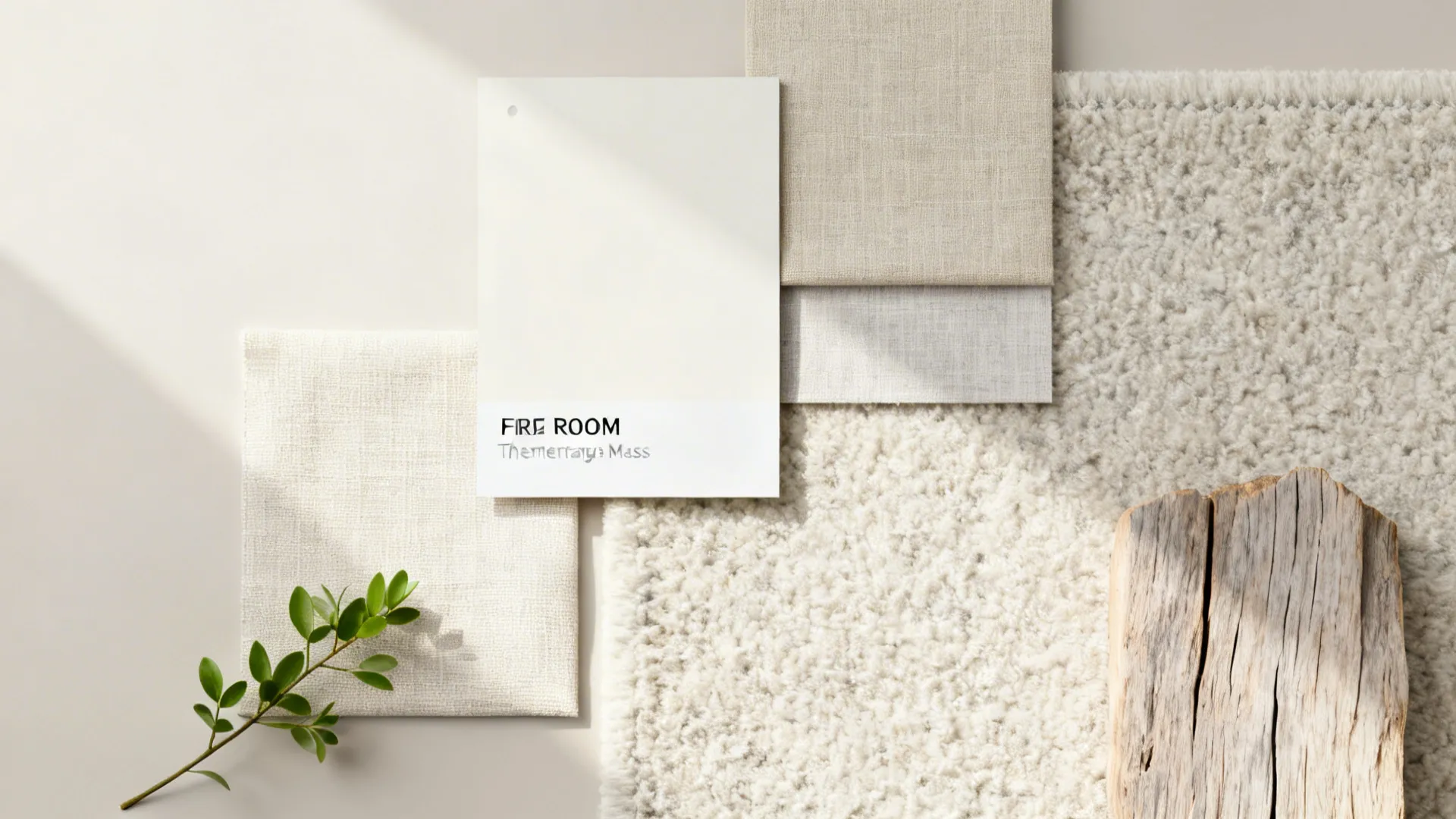 Flatlay of pale paint swatch, linen fabrics, rug sample and wood chip suggesting cool finishes