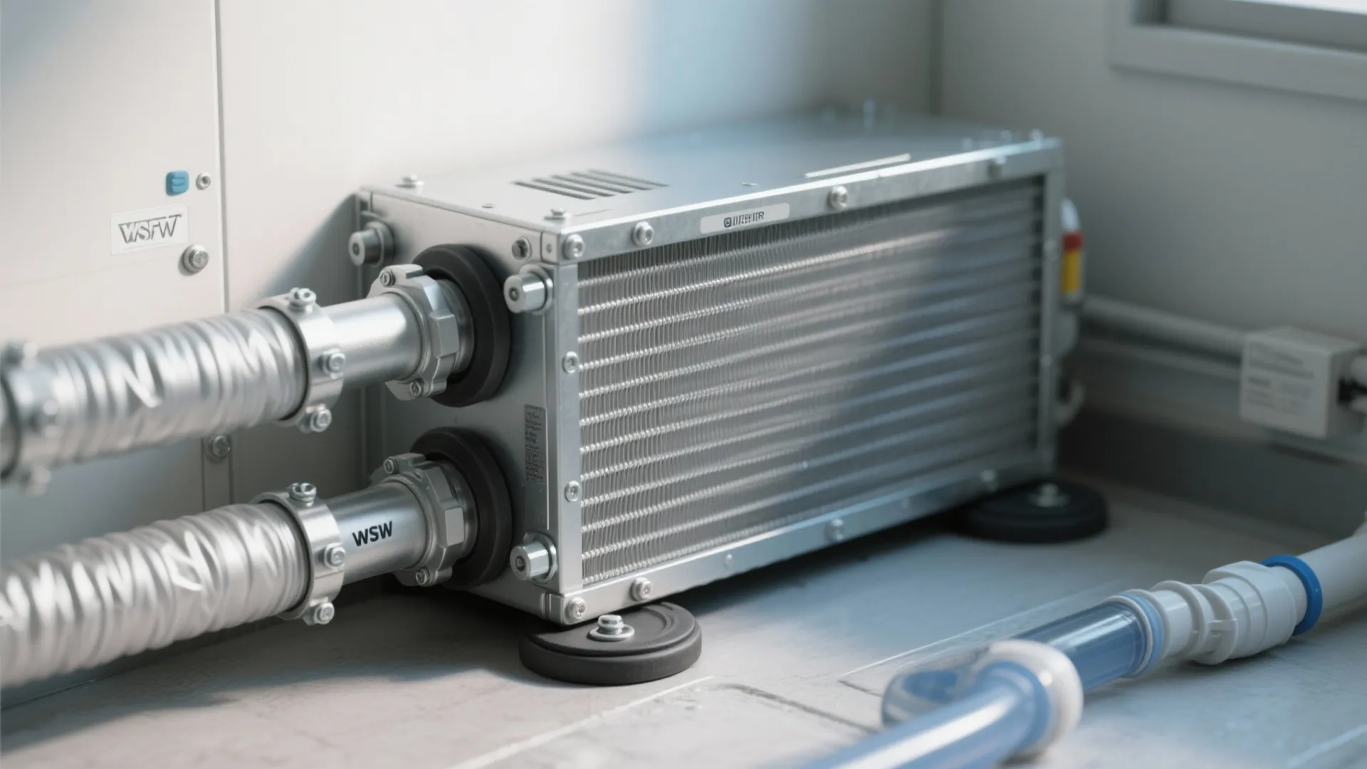 Silver metal cooling unit with pipes connected for industrial air conditioning and temperature control system