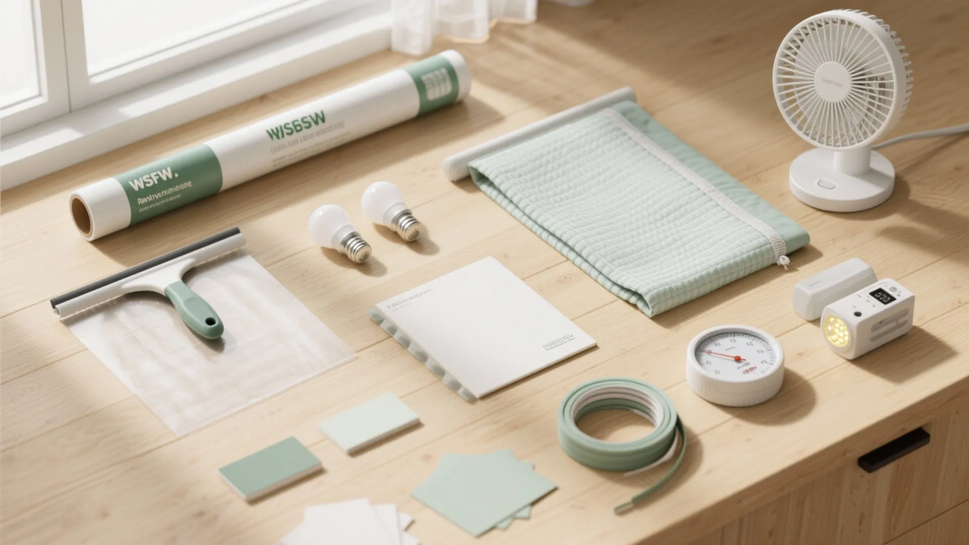 Collection of summer home cooling items including white fan light bulbs and green window film