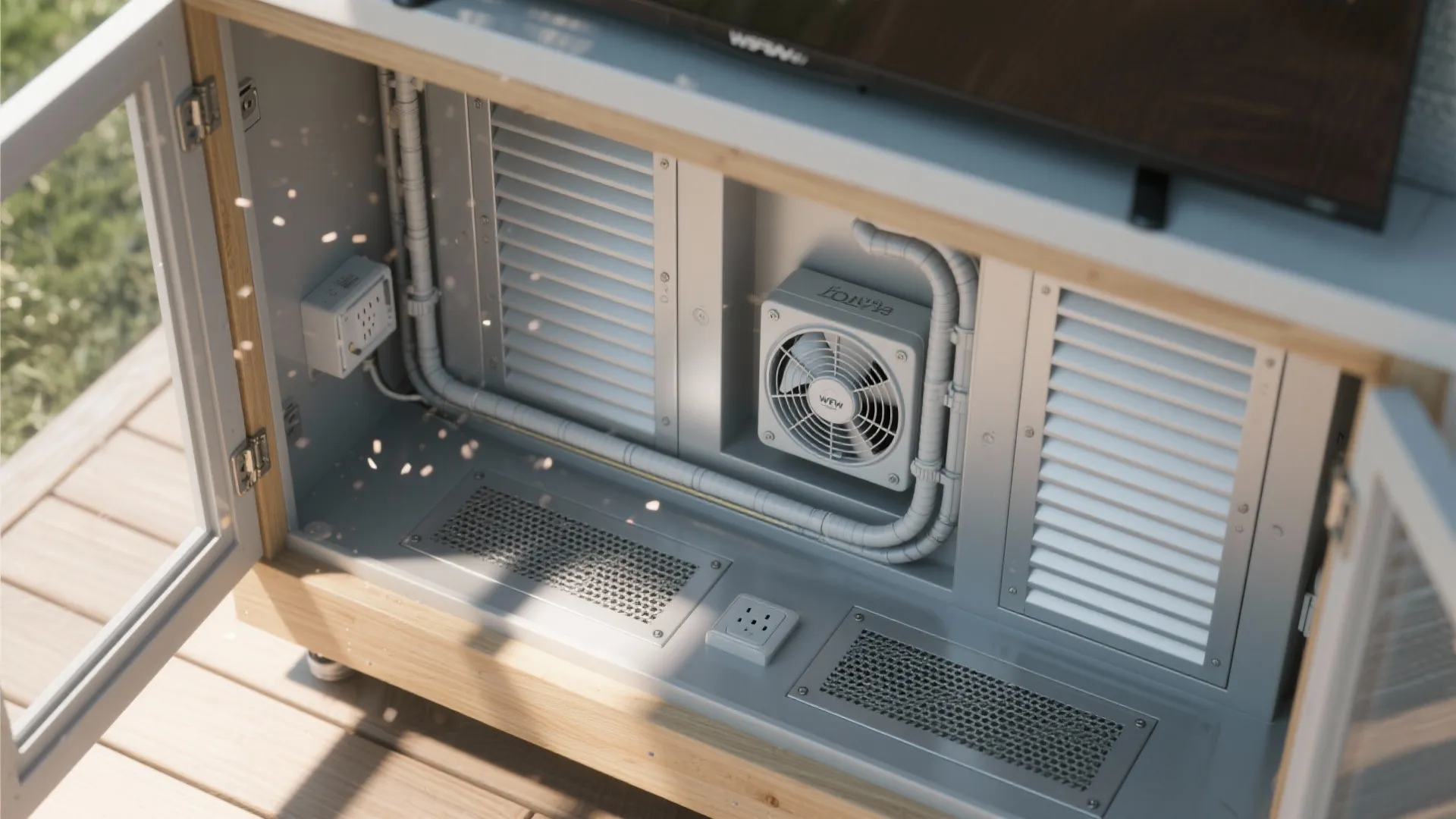 Equipment cabinet interior showing a cooling fan, metal vents, electrical outlets, and white plastic pipes