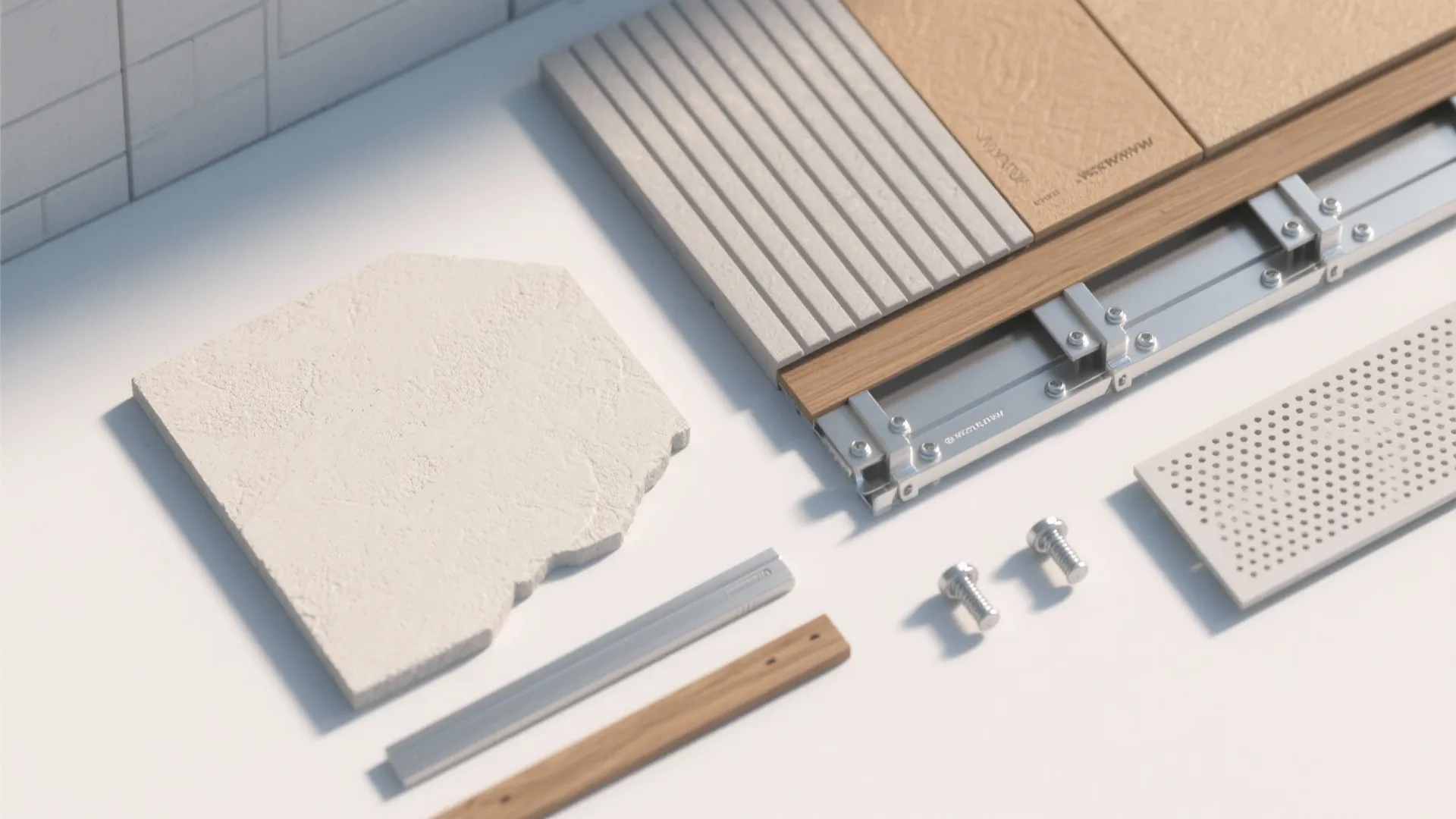 Top-down flat lay of light-toned facade samples and rainscreen components.