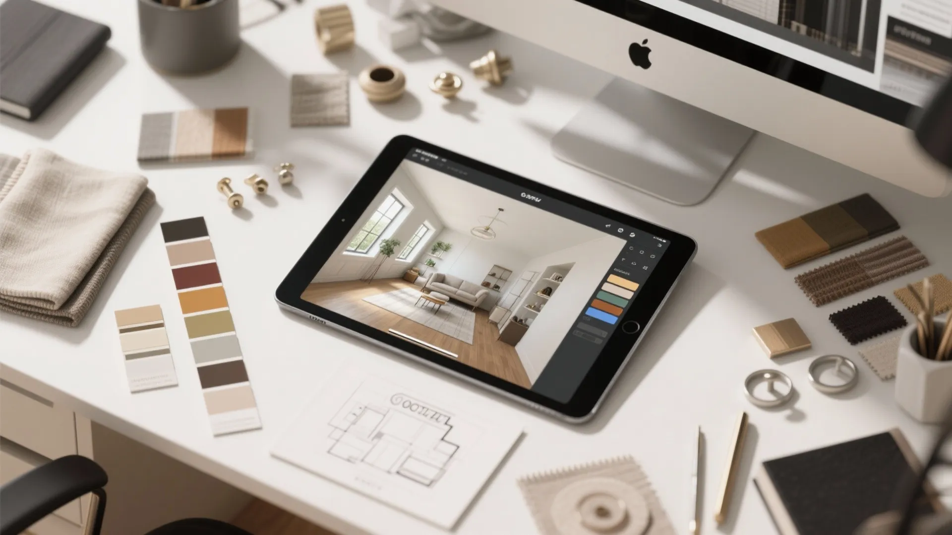 Tablet showing interior design drawing on white desk with color swatches and a computer monitor