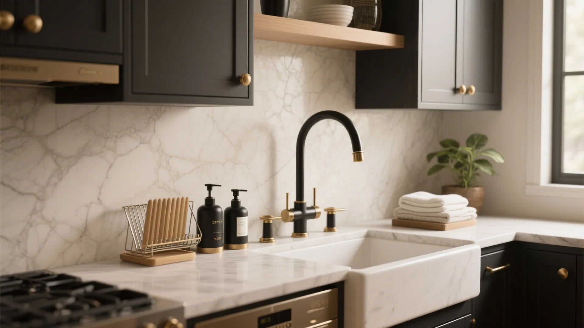 Boutique small kitchen with a matched faucet, soap dispenser and hardware creating a cohesive look.