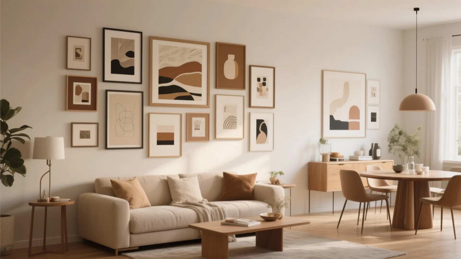 Living room with cream sofa wood coffee table and wall decorated with many framed paintings