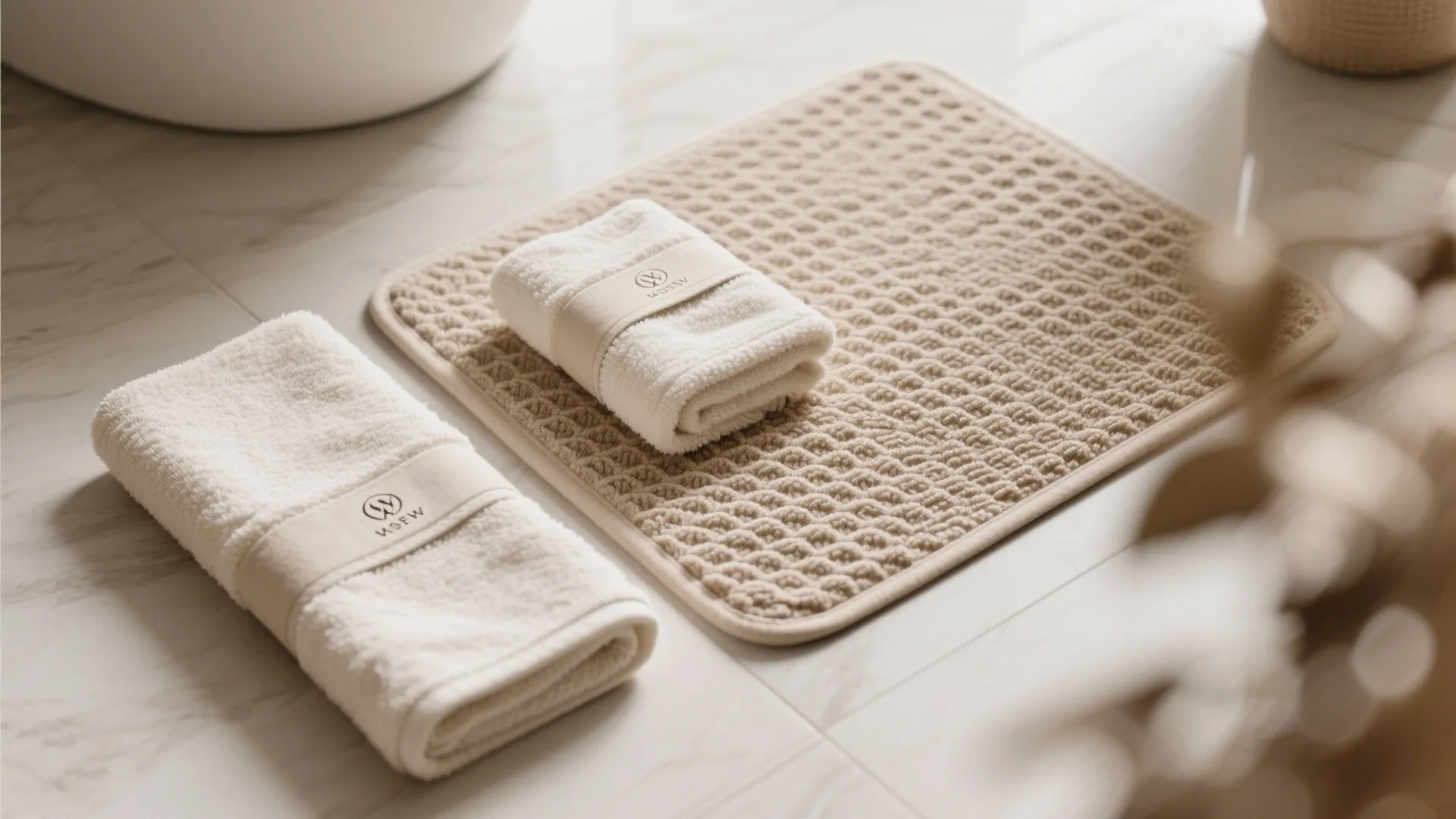 Folded white cotton towels resting on a beige textured bath mat over a marble floor tile