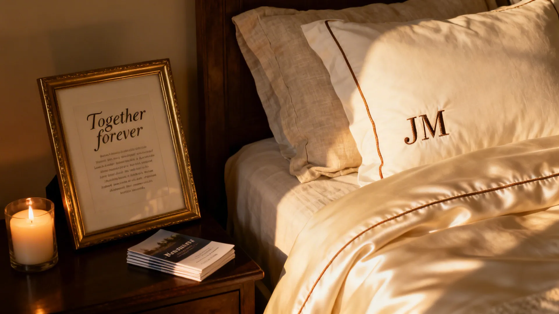 Close up of bedroom nightstand with gold picture frame lit candle and embroidered white silk pillow