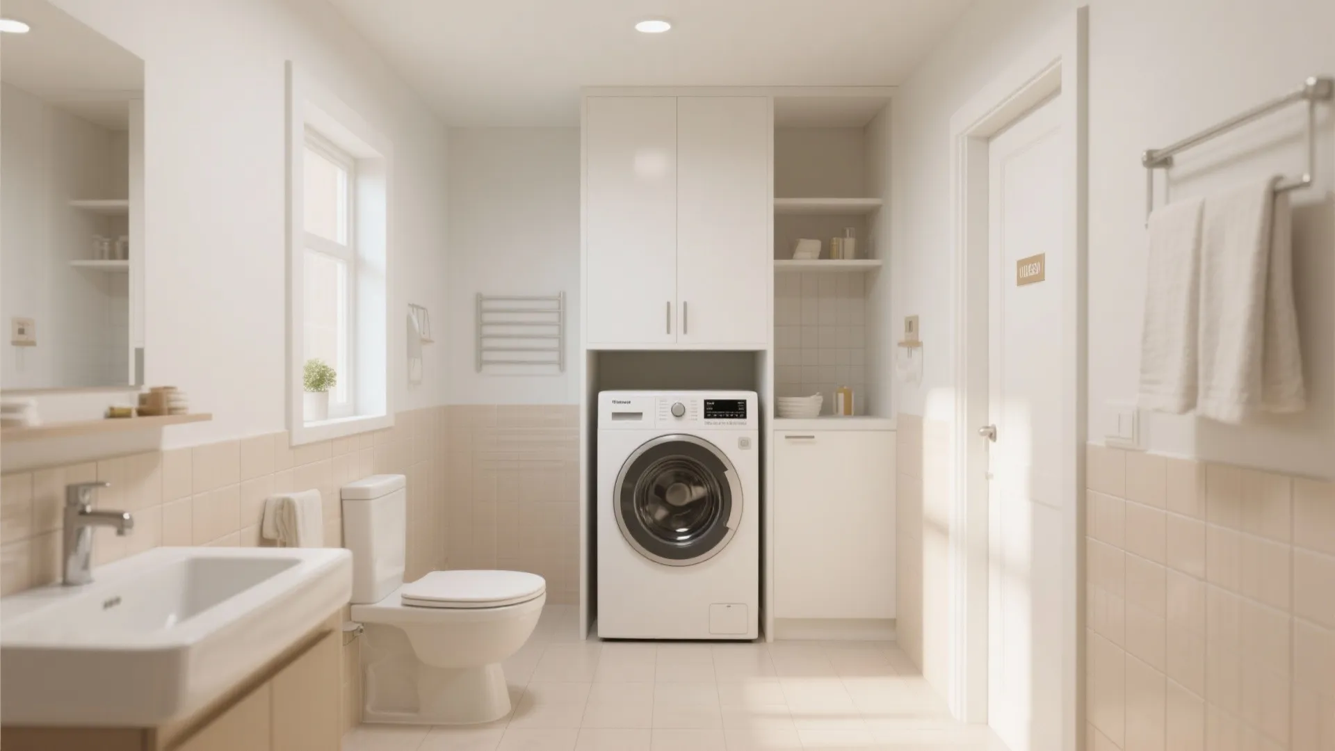 Bright bathroom with white washing machine cabinet toilet sink window and beige wall paneling design