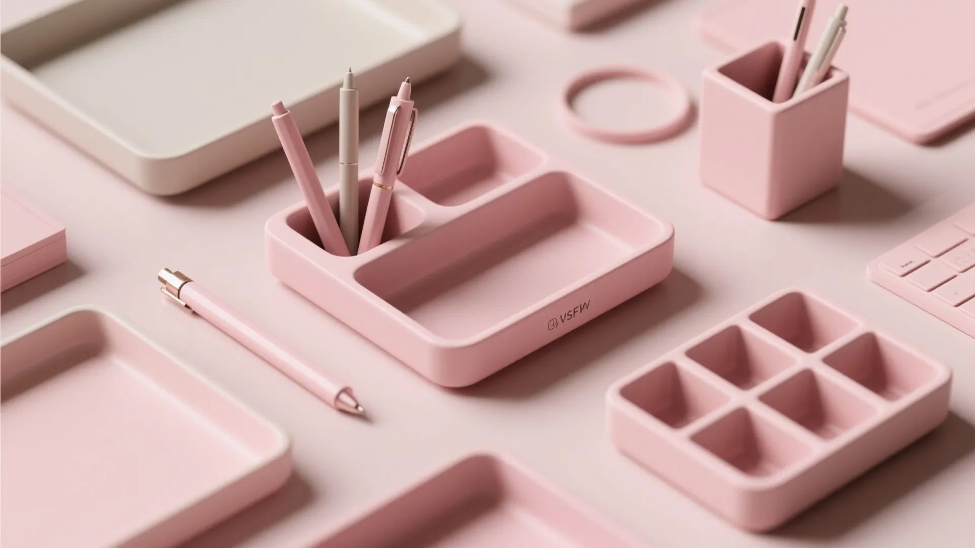 Pink desk organizers including tray pen holder and pens arranged neatly on a pink surface