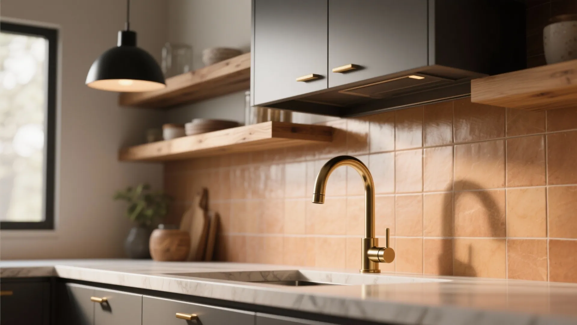Modern gold kitchen faucet with marble countertop orange wall tiles black cabinets and ceiling light