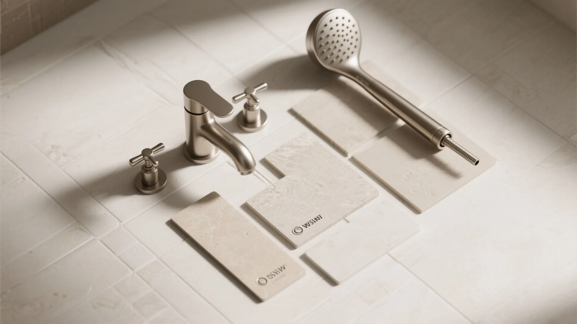 Modern bathroom fixtures including brushed metal faucet shower head and stone tiles in neutral beige tones