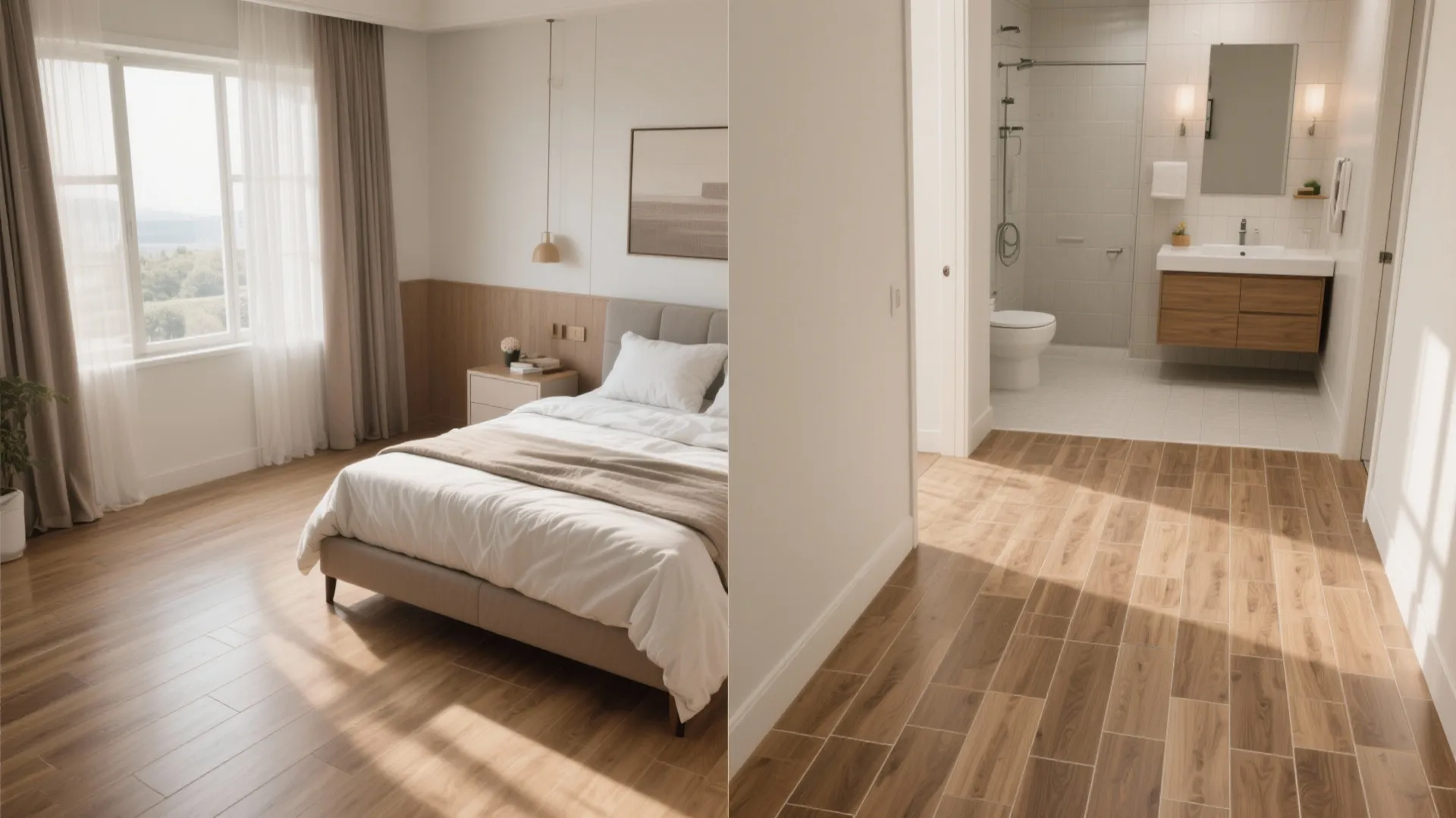 Bedroom laminate flooring and matching wood-look bathroom tile in coordinated tones