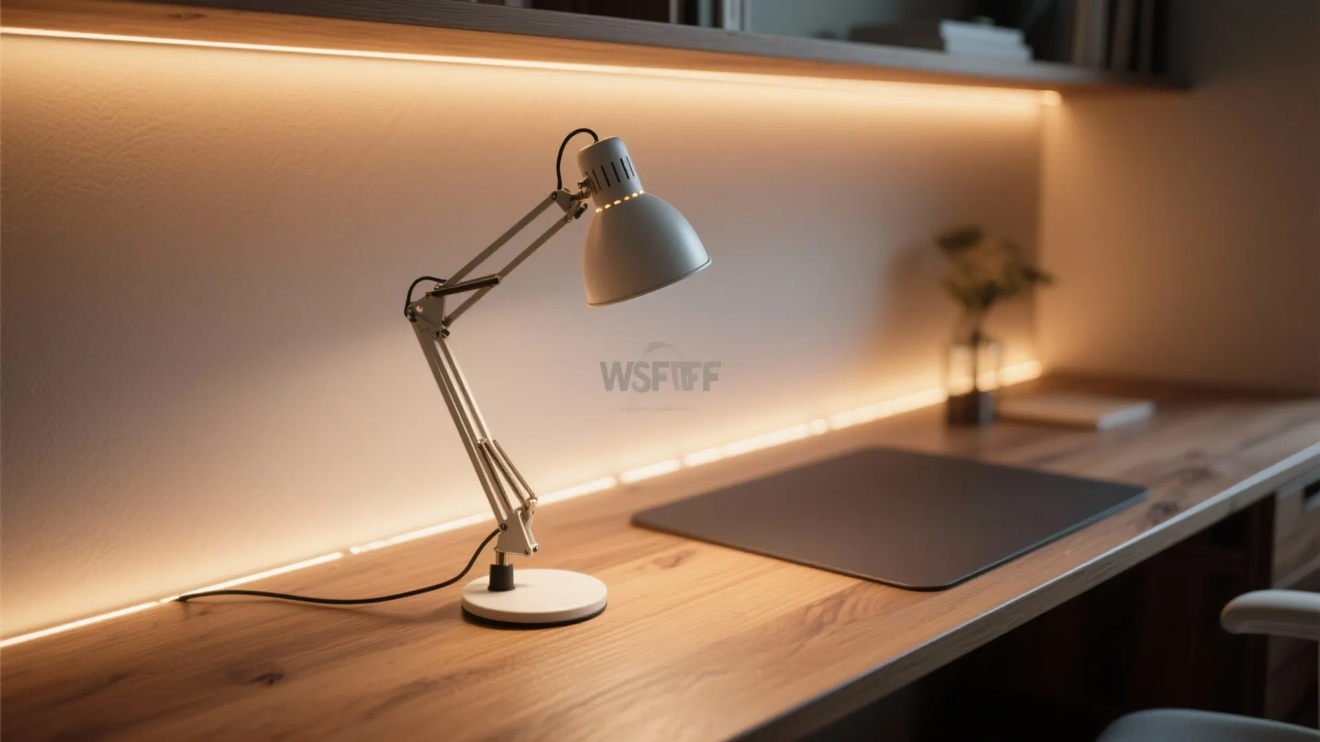 Close-up of coordinated office lighting with desk lamp and LED strip