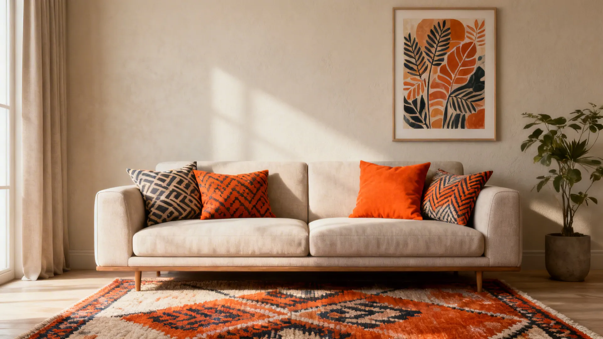 Modern living room with beige sofa orange pillows patterned rug wall art and green house plant
