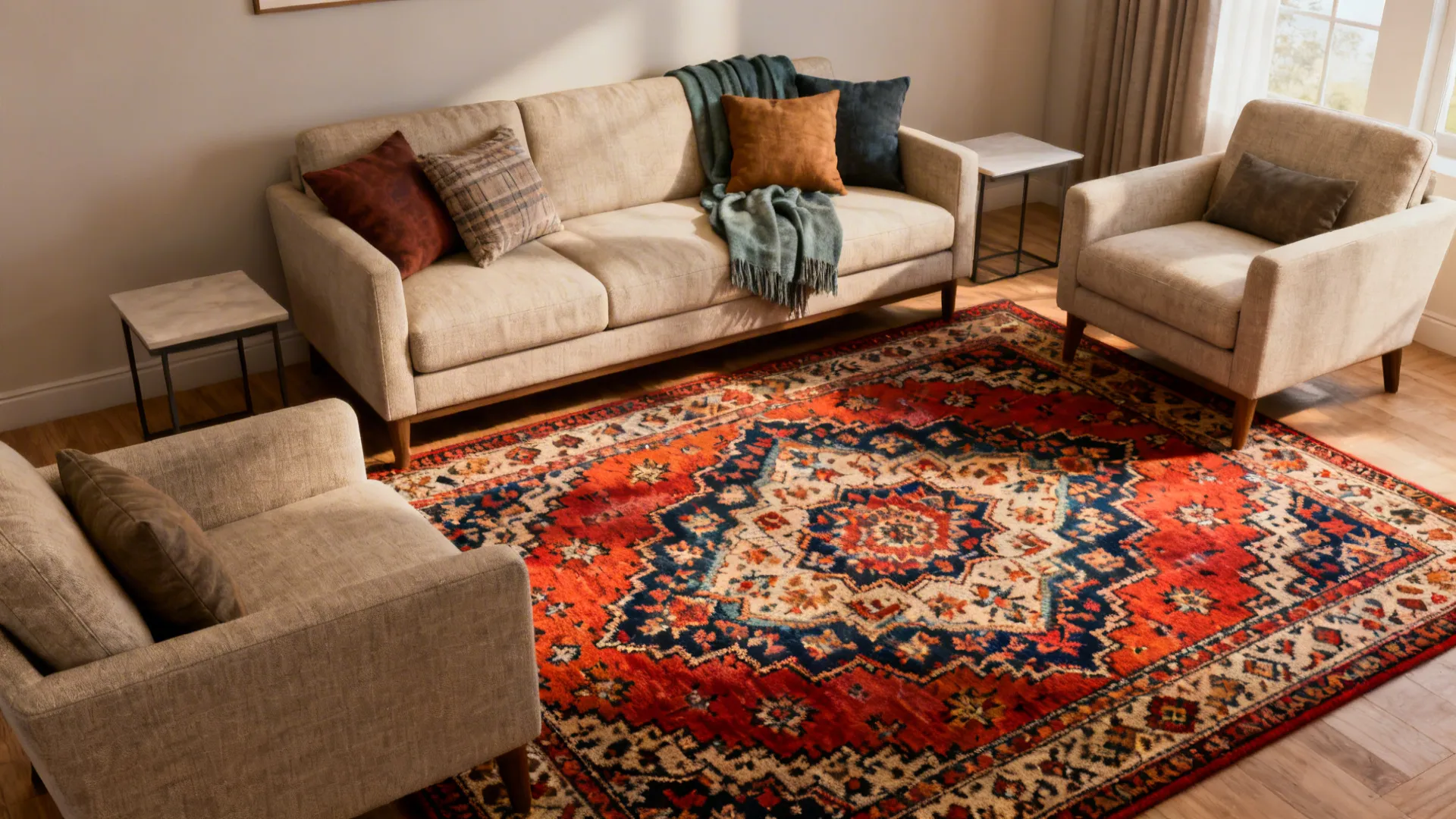 Coordinated budget sofa set elevated by a bold patterned rug and layered accessories.