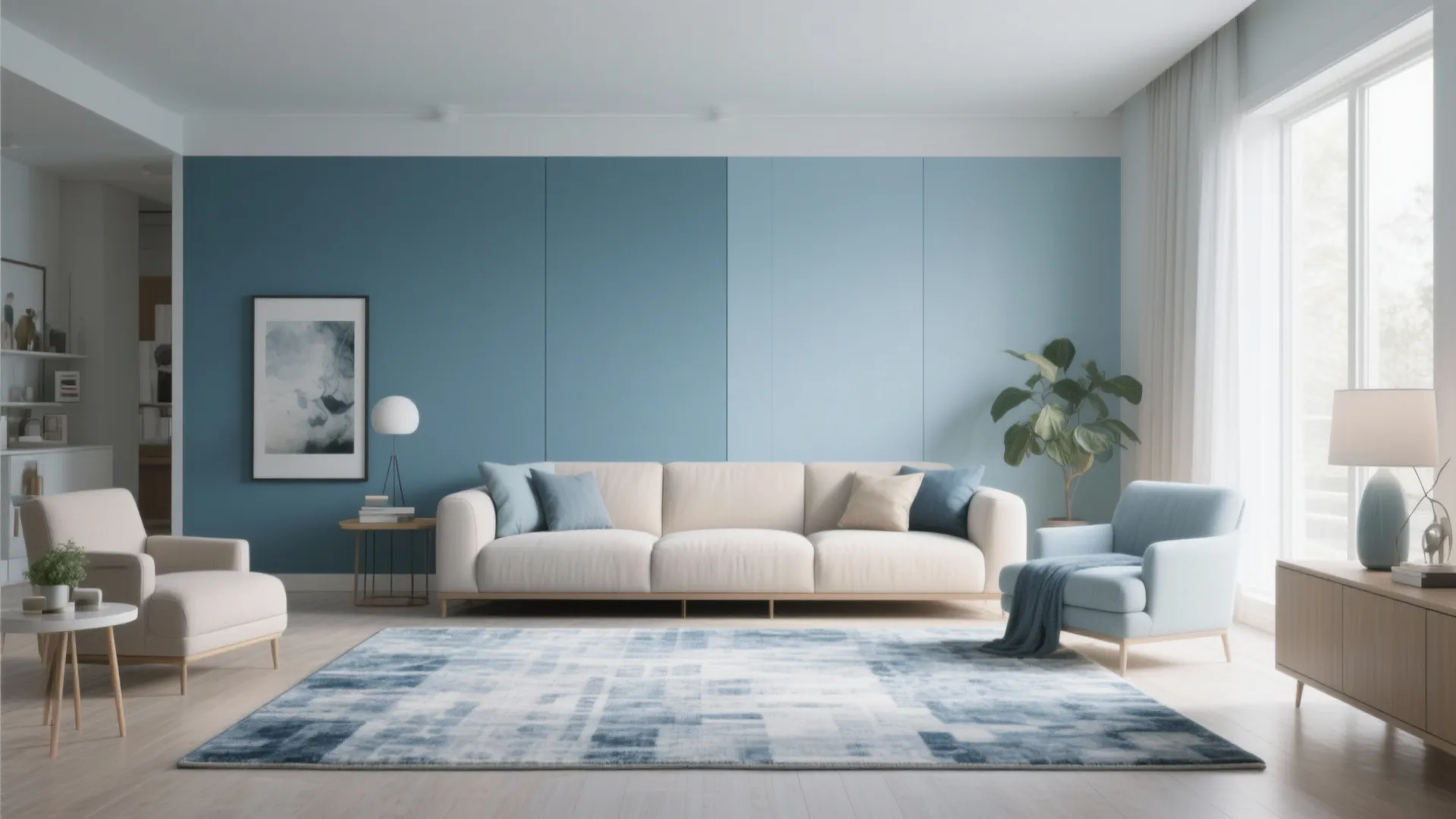 Modern living room with blue wall panel cream sofa blue rug armchair and round side table