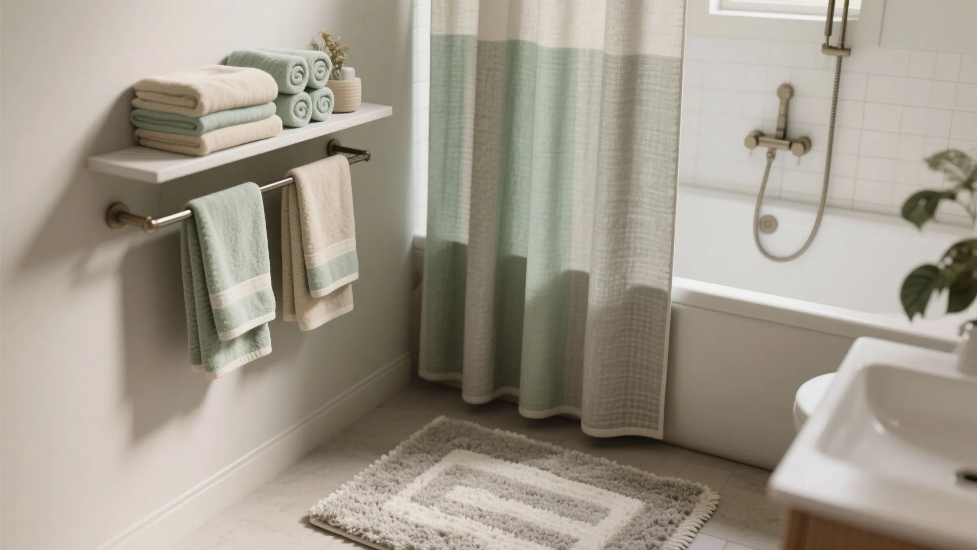 2. Coordinated textiles: rugs, towels, and shower curtains