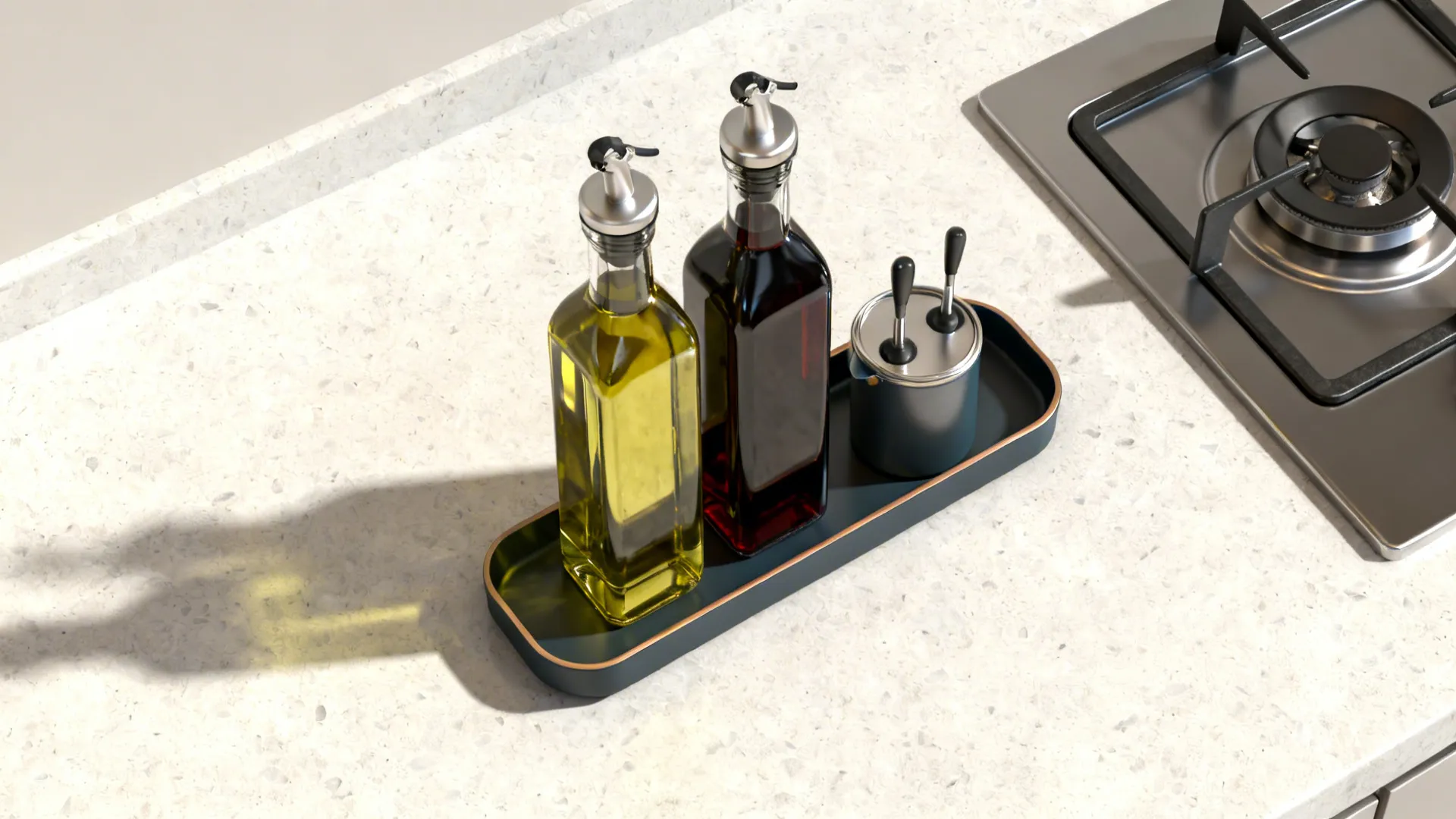Top-down view of a coordinated oil and vinegar set on a slim tray near the stove.