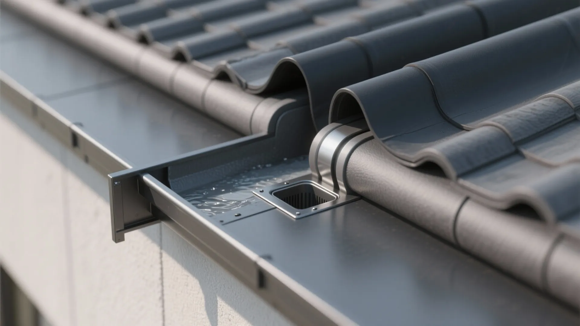 Close up view of grey roof tiles and metal gutter system on a modern house rooftop