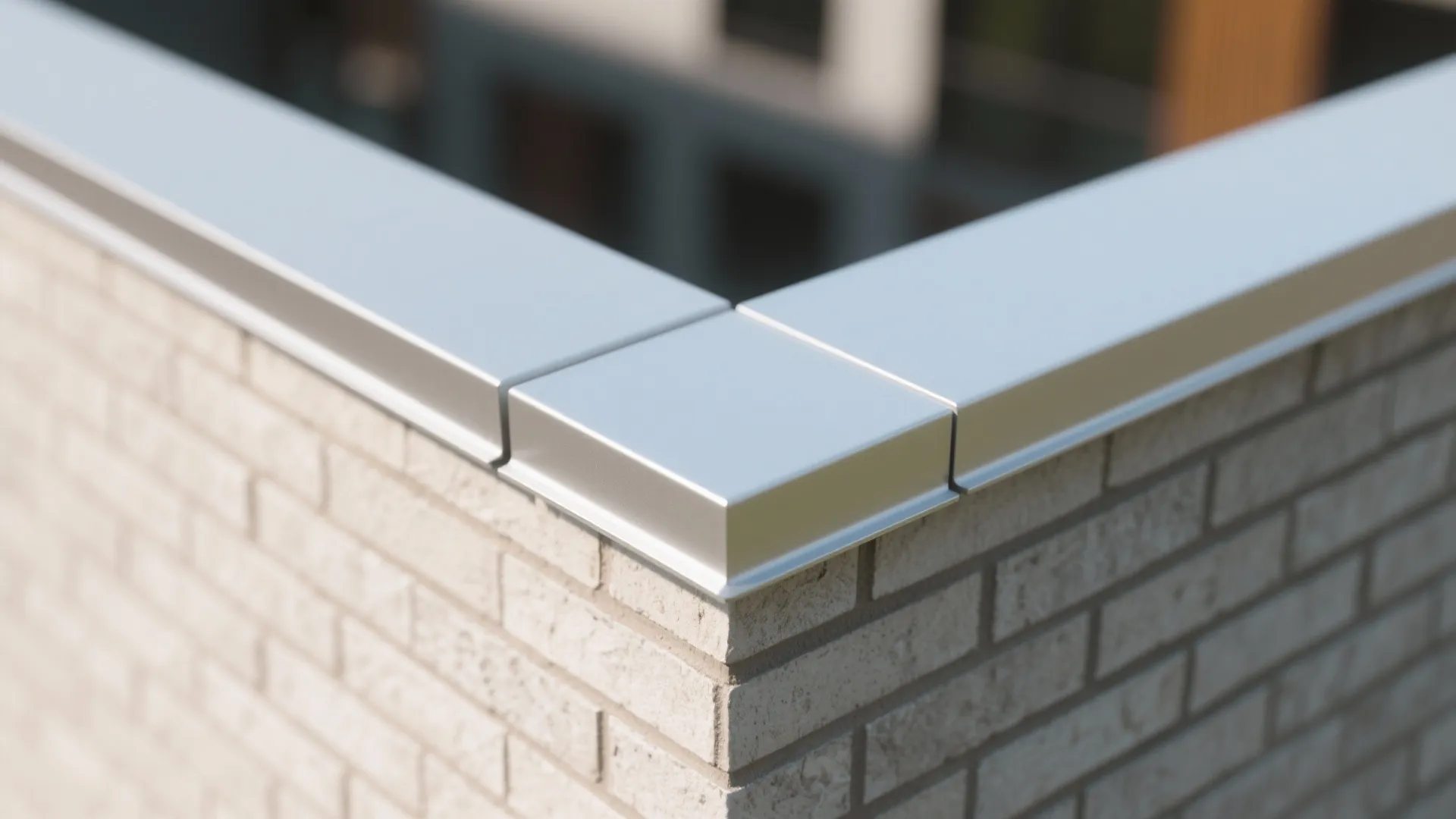 Macro detail of sloped aluminum coping with hemmed drip and precise joints.