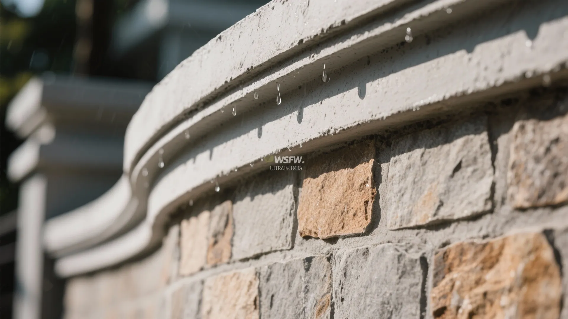 Close up of water dripping from a white concrete wall top onto textured stone surface