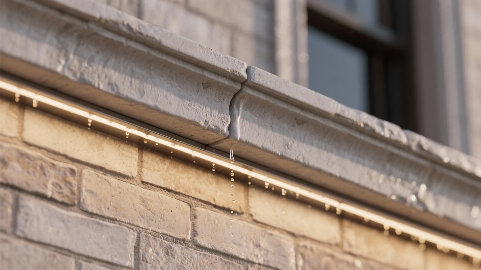 Close up of stone wall panel with integrated warm light fixture and realistic water dripping effect