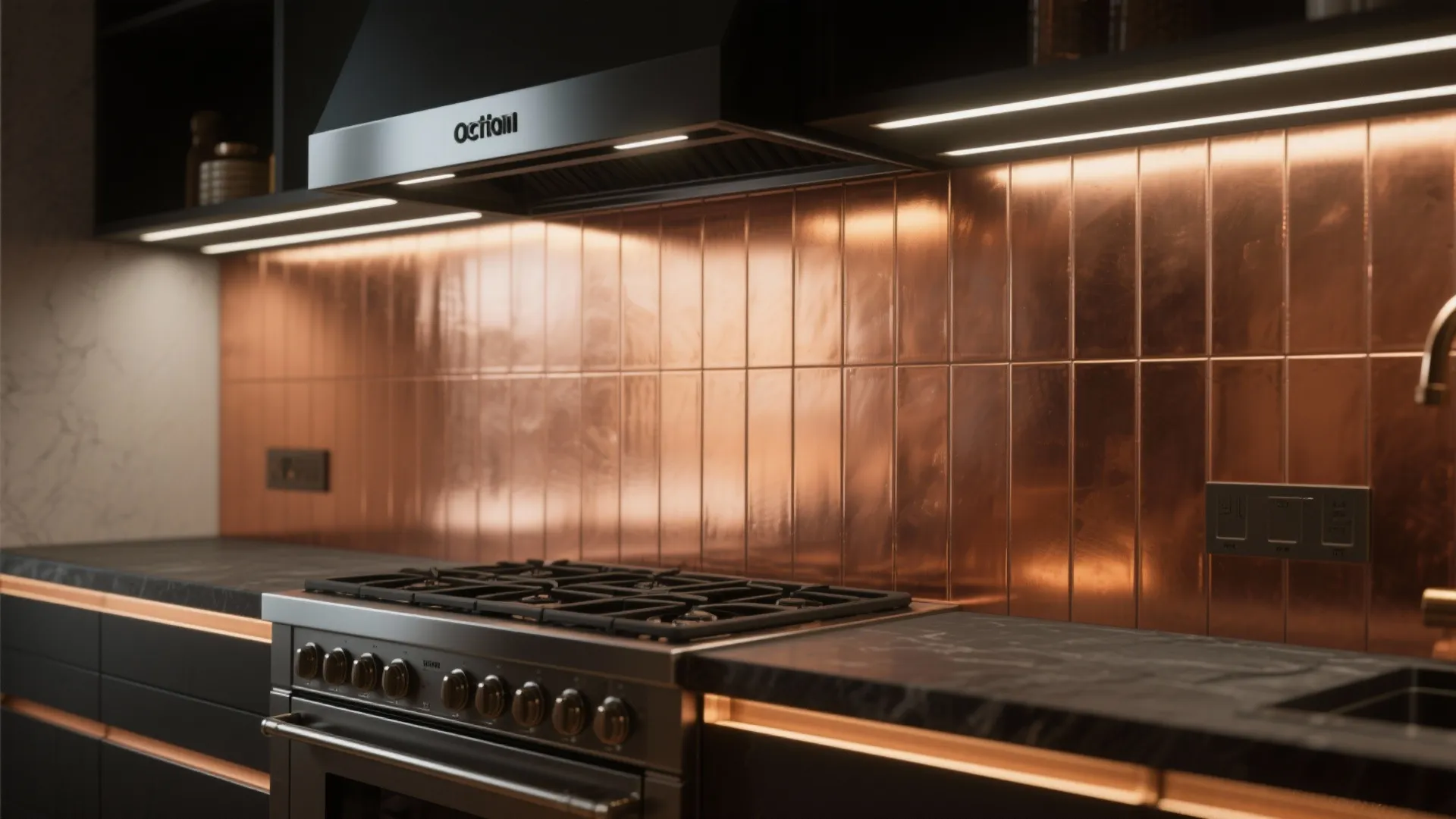 Modern kitchen with copper wall panel behind a black stove and marble countertop with light