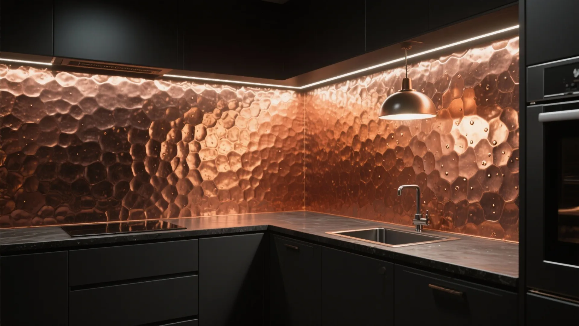 Modern black kitchen with hammered copper wall panels sink and warm light from ceiling fixture
