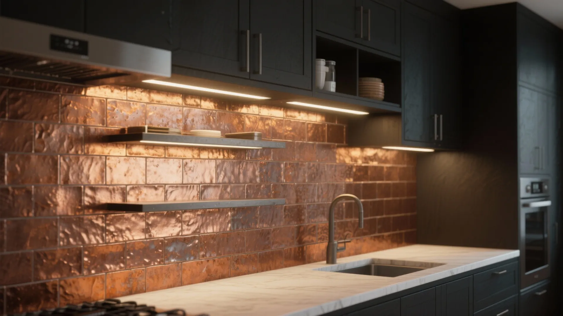 Kitchen wall with hammered copper tile backsplash and open shelf above a matte black cabinet run.