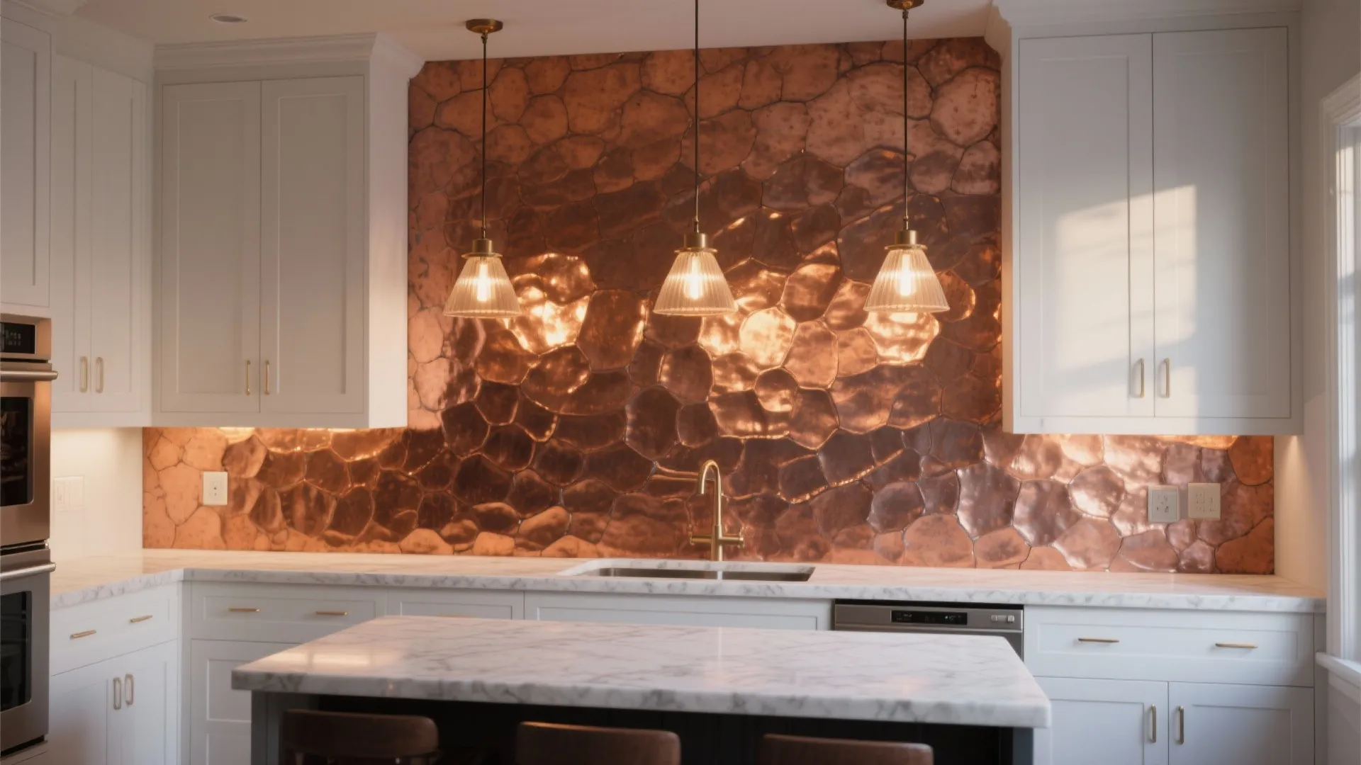 Modern kitchen with white cabinets marble island copper wall tiles and three hanging ceiling lights