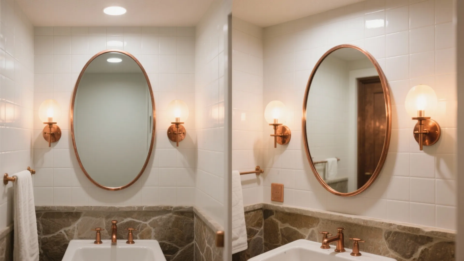Before and after view of a small bathroom where copper sconces flanking a mirror create a spa-like atmosphere.