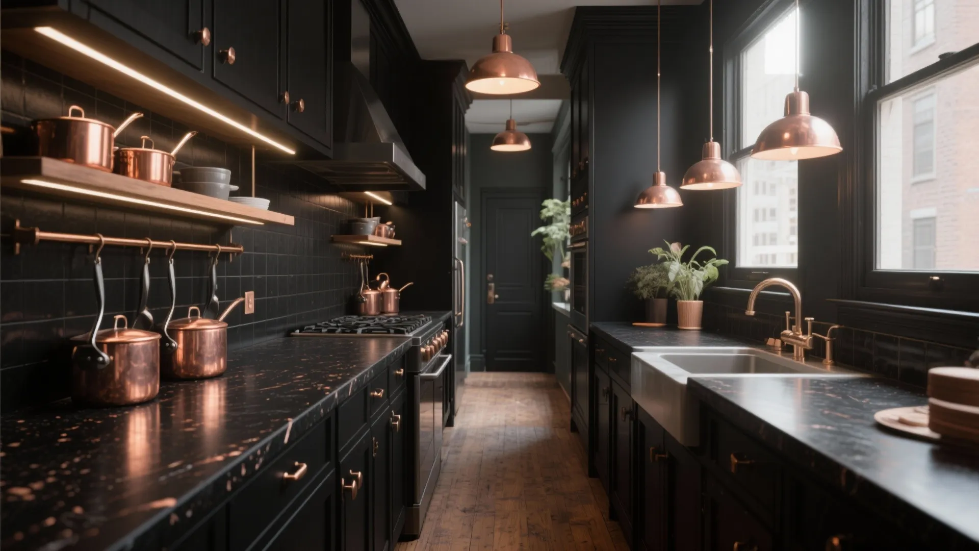Modern black kitchen with marble counters copper pots hanging lights and wooden floor interior design